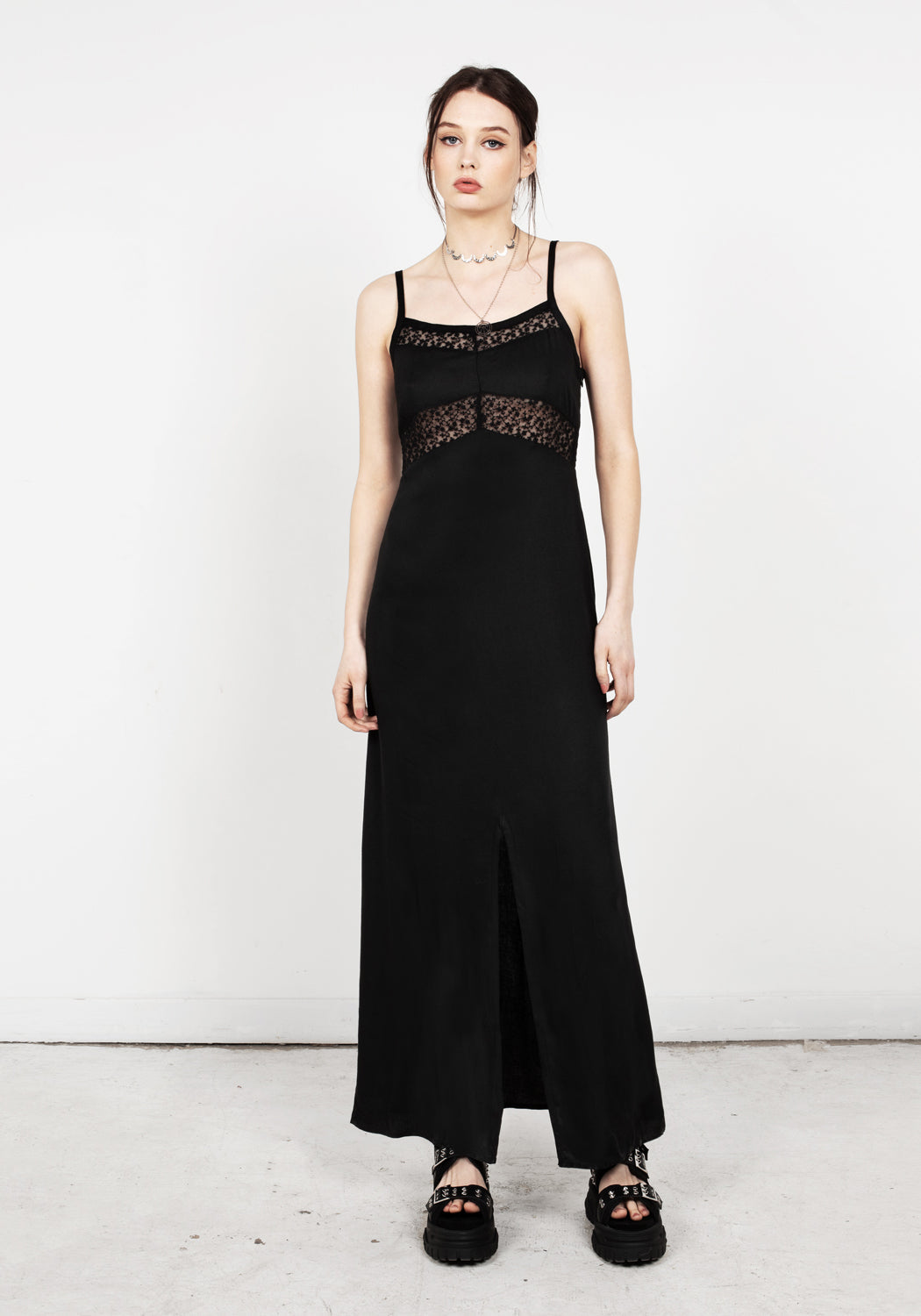 Black Lace Panel Maxi Slip Dress with Side Split | Aine