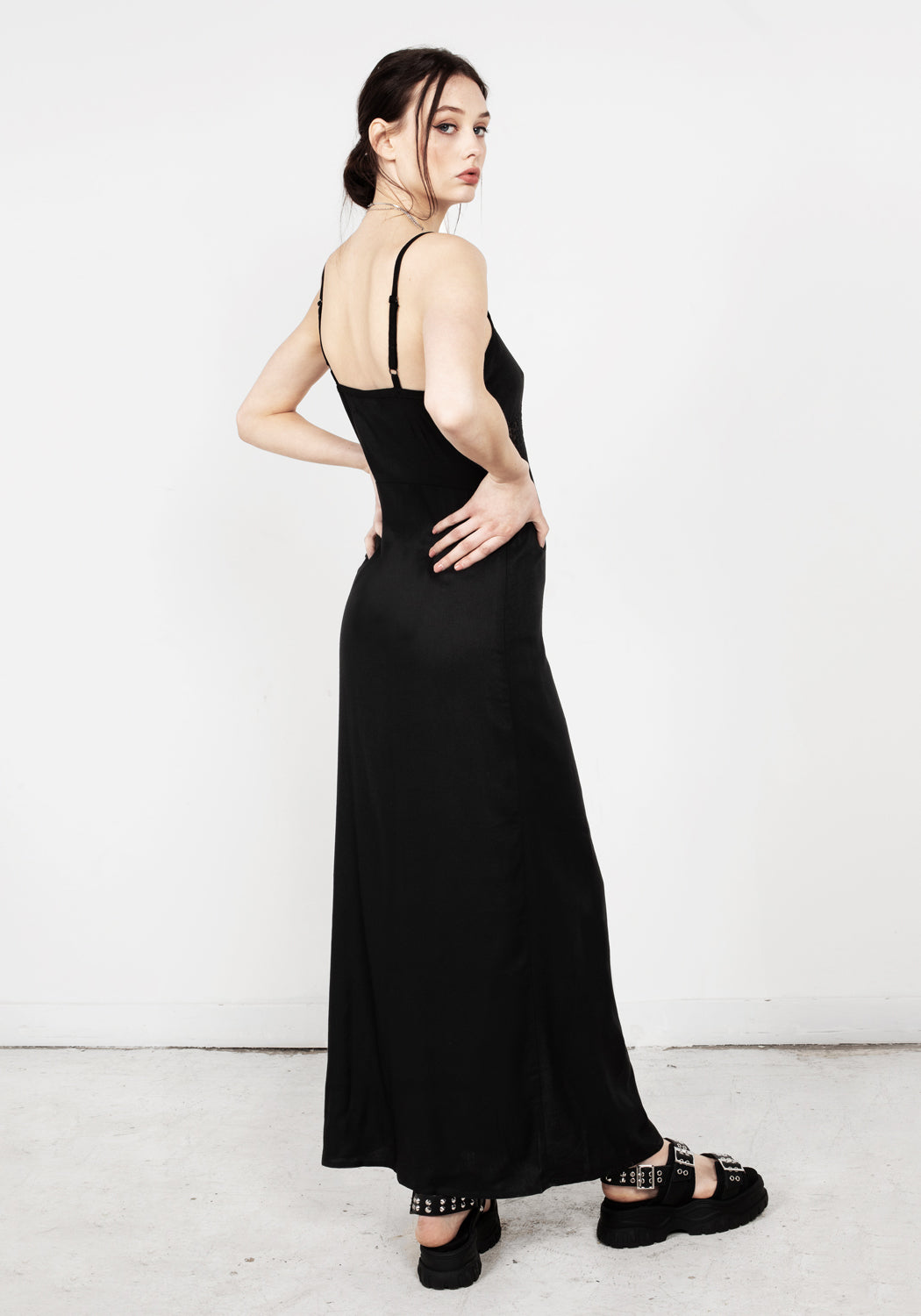 Black Lace Panel Maxi Slip Dress with Side Split | Aine