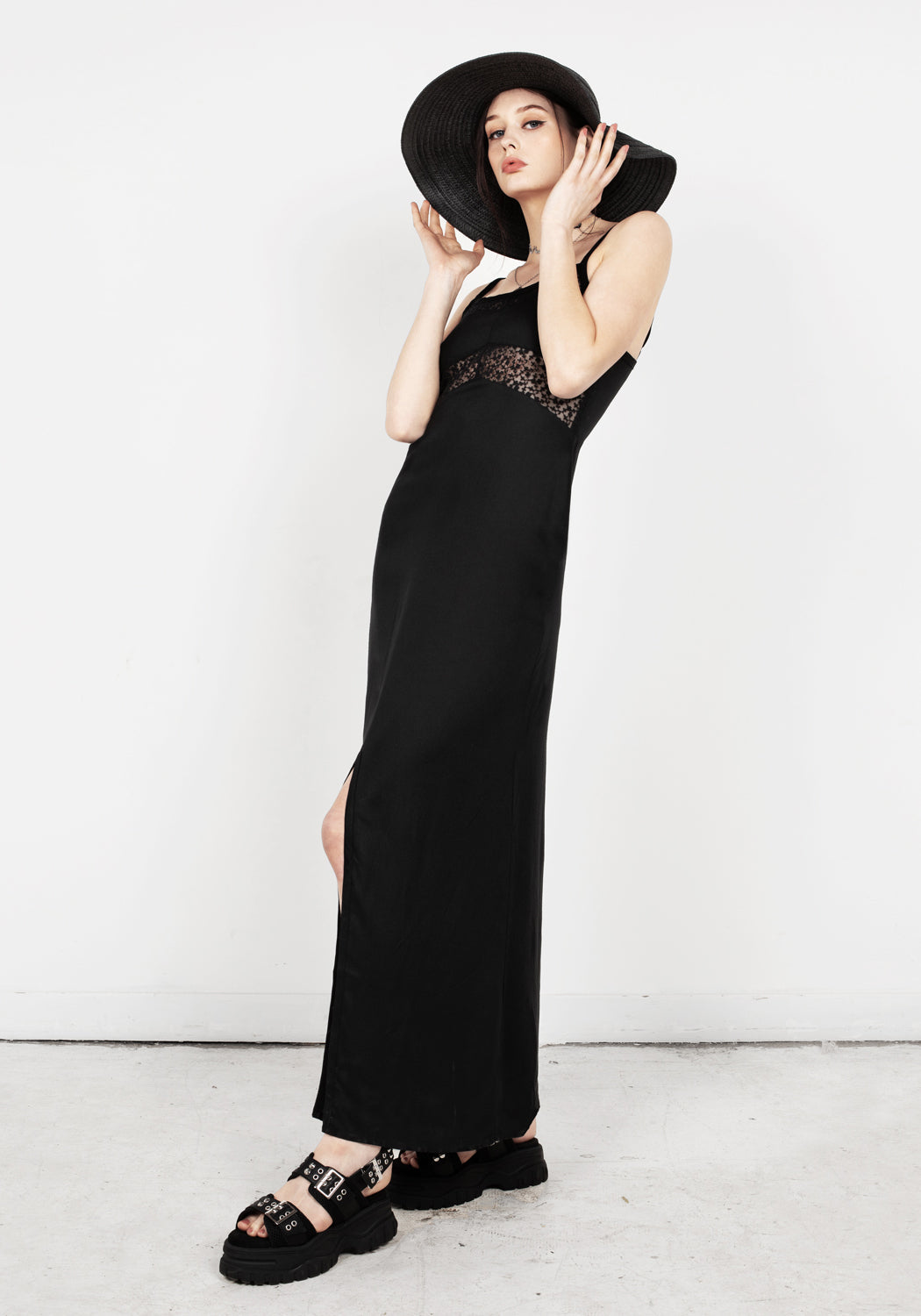 Black Lace Panel Maxi Slip Dress with Side Split | Aine