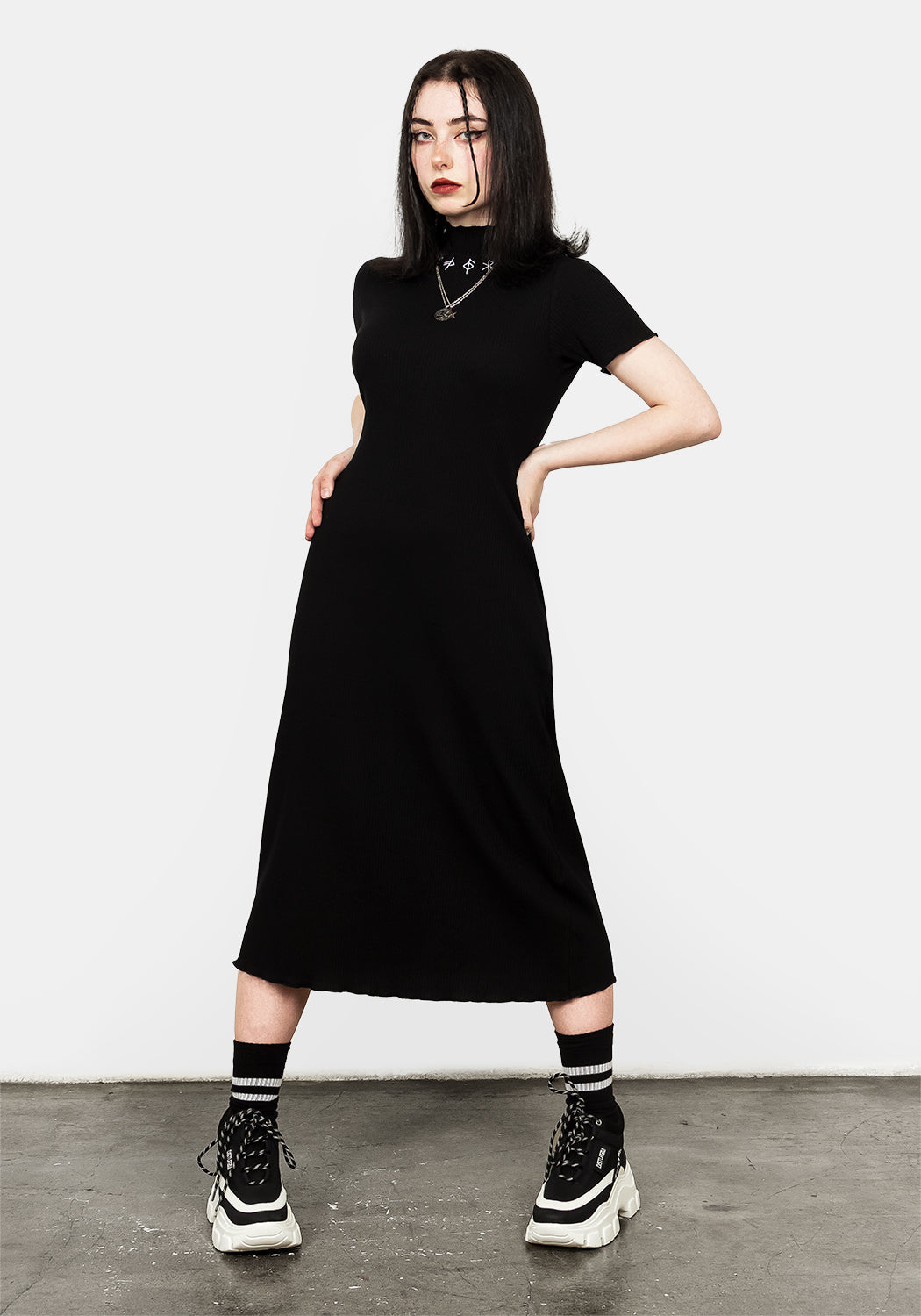 Black Ribbed Jersey Midi Dress with Rune Embroidery | Runa