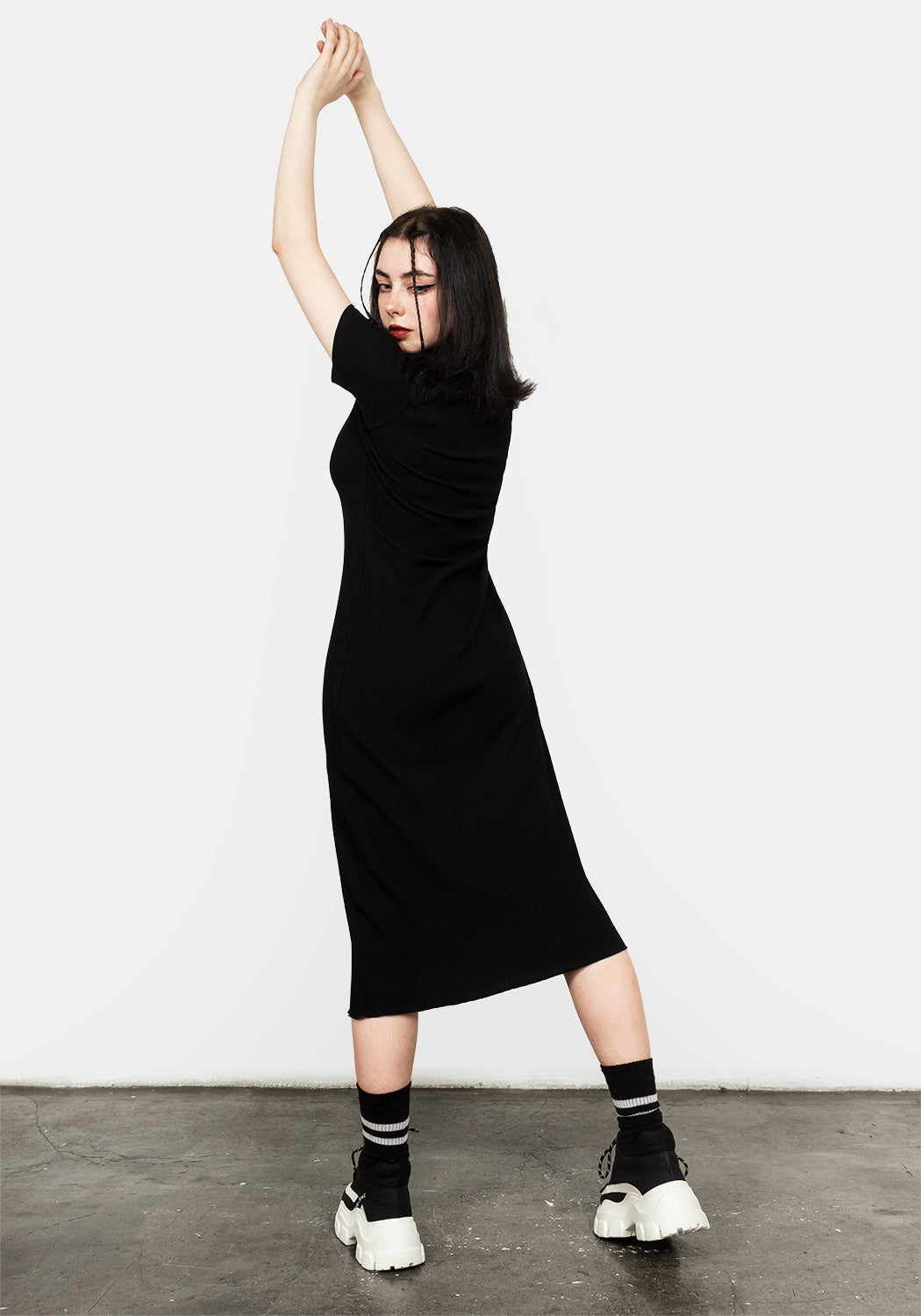 Black Ribbed Jersey Midi Dress with Rune Embroidery | Runa