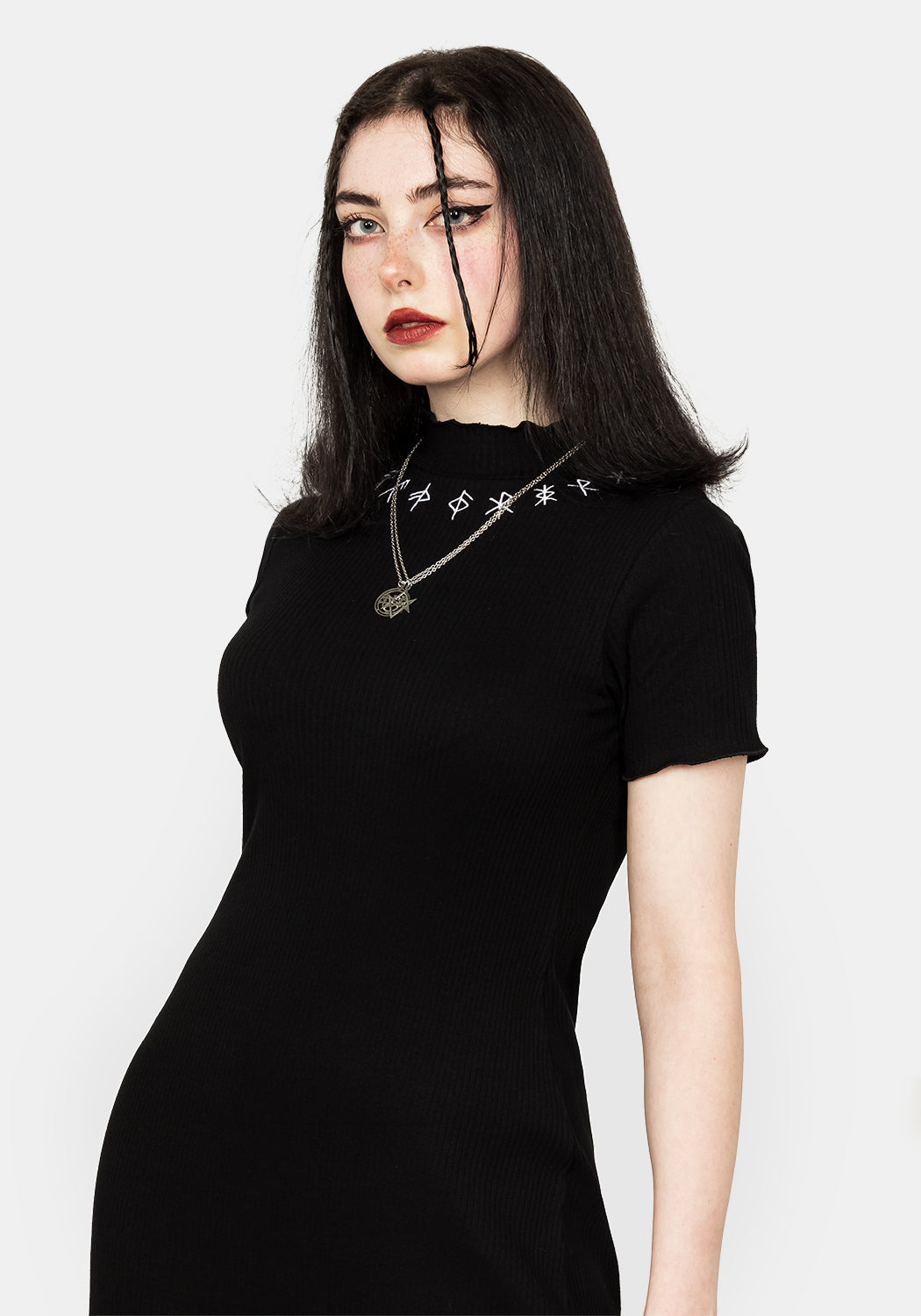 Black Ribbed Jersey Midi Dress with Rune Embroidery | Runa