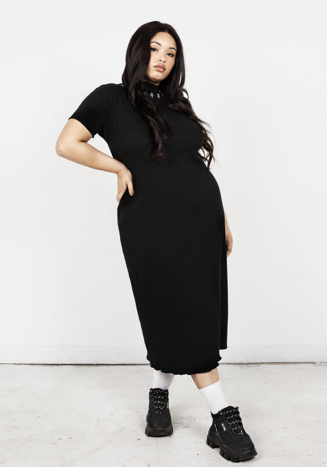 Black Ribbed Jersey Midi Dress with Rune Embroidery | Runa