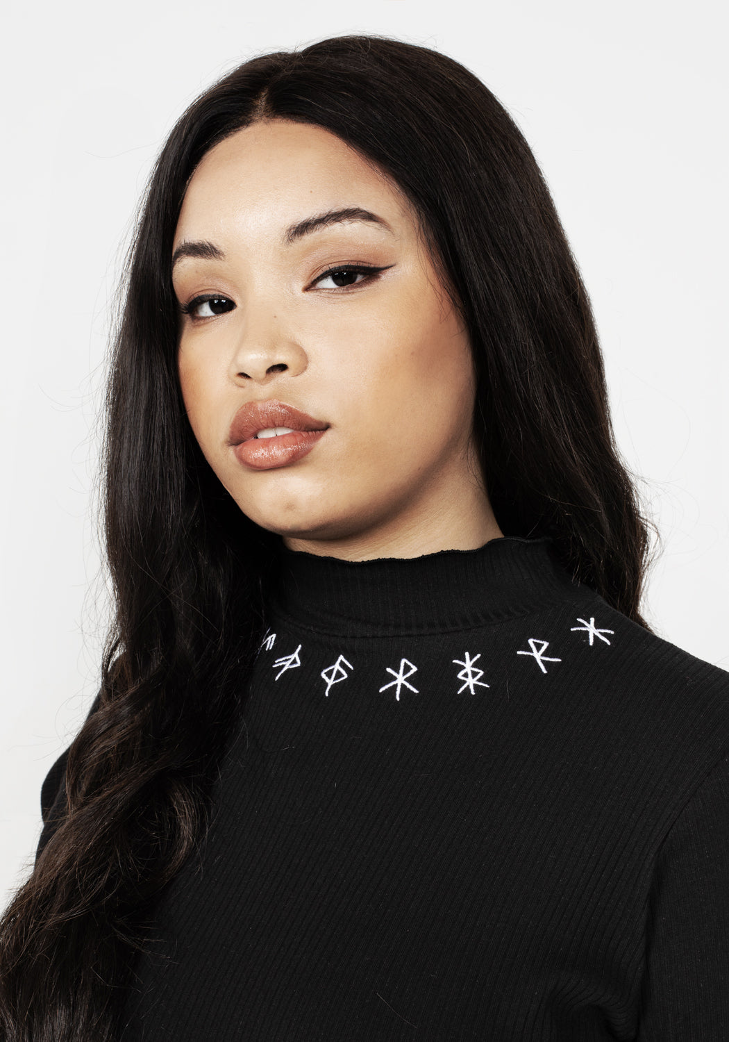 Black Ribbed Jersey Midi Dress with Rune Embroidery | Runa