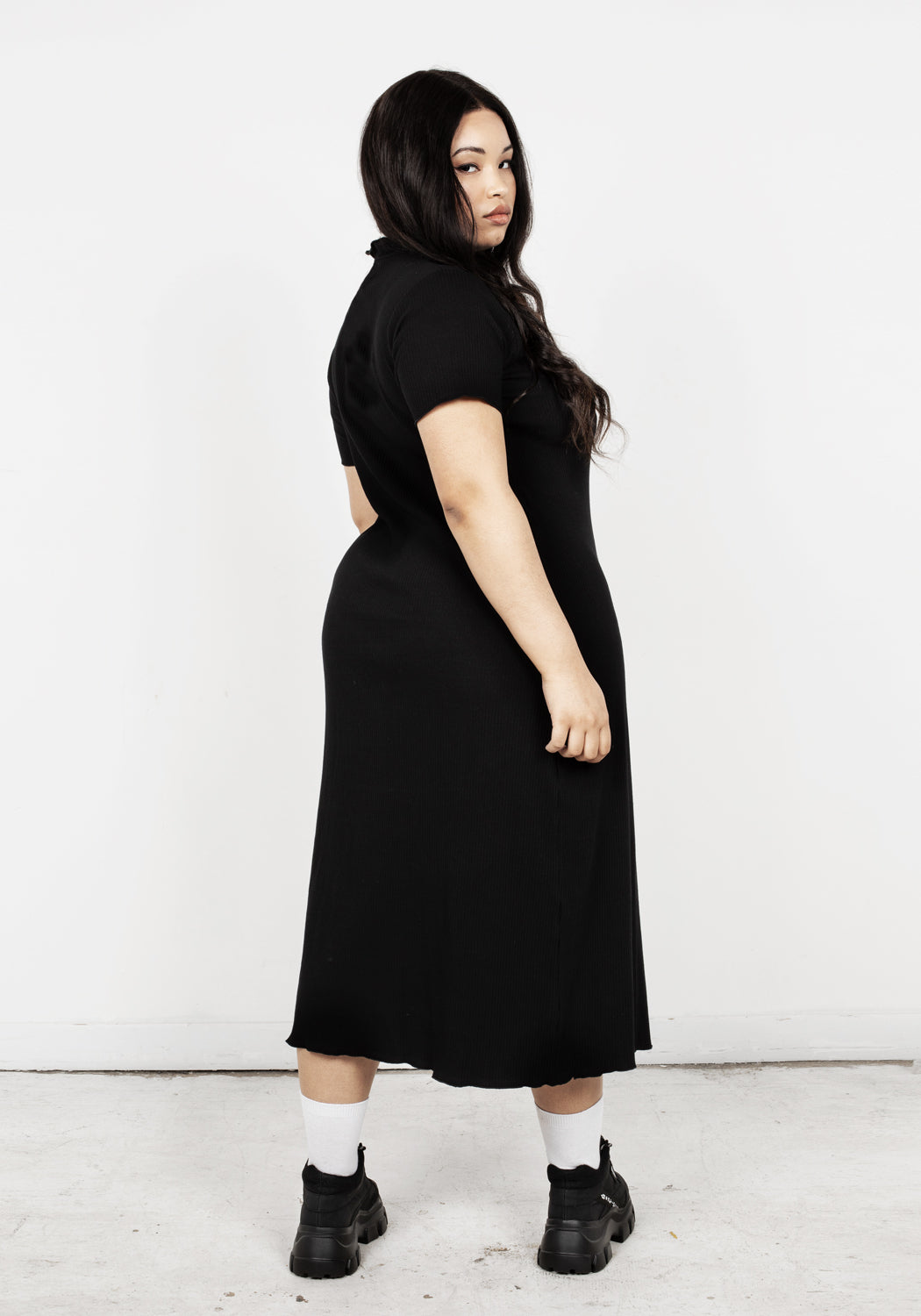 Black Ribbed Jersey Midi Dress with Rune Embroidery | Runa