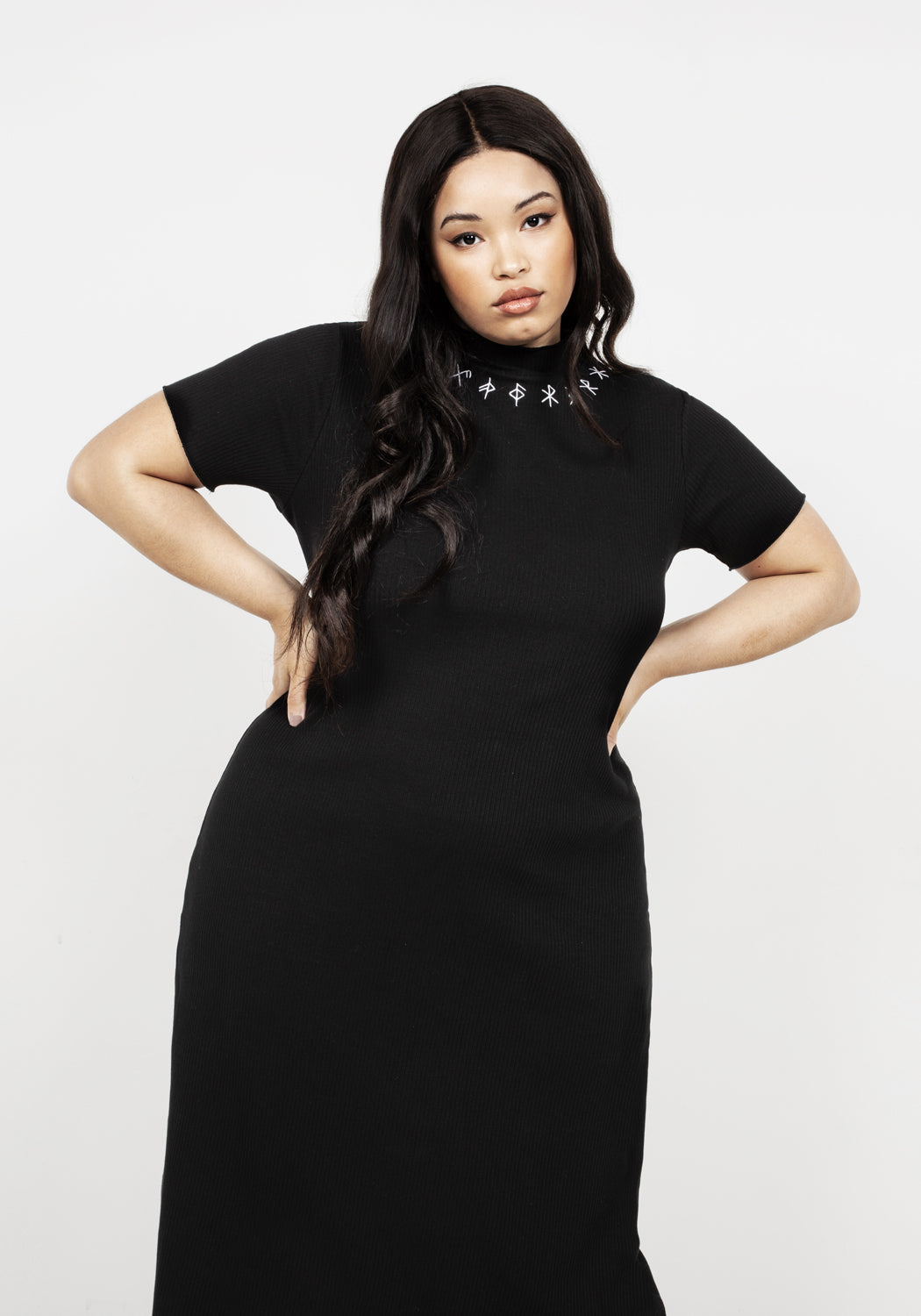 Black Ribbed Jersey Midi Dress with Rune Embroidery | Runa