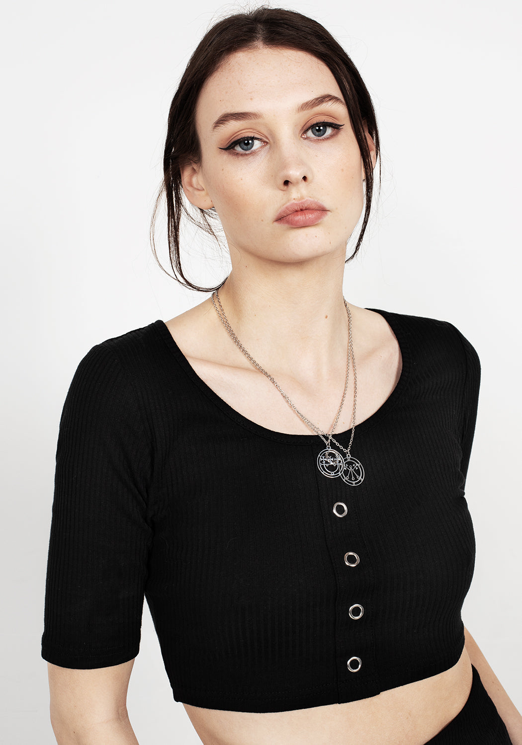 Ribbed Black Crop Top with Silver Studs | Obsidian