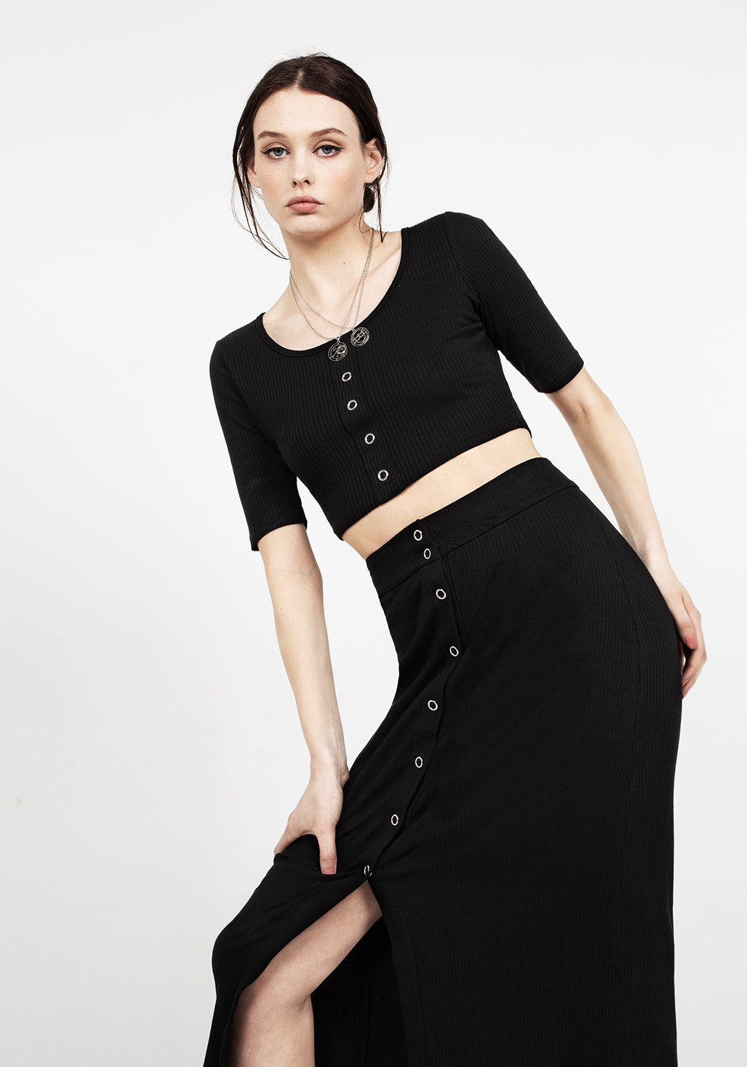 Ribbed Black Crop Top with Silver Studs | Obsidian