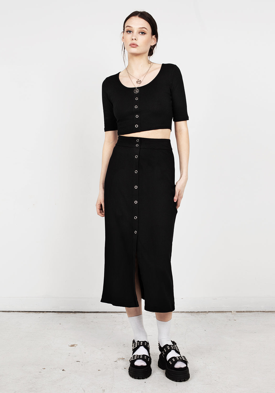 Ribbed Black Crop Top with Silver Studs | Obsidian