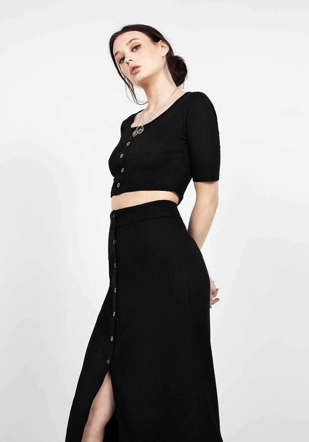 Ribbed Black Crop Top with Silver Studs | Obsidian