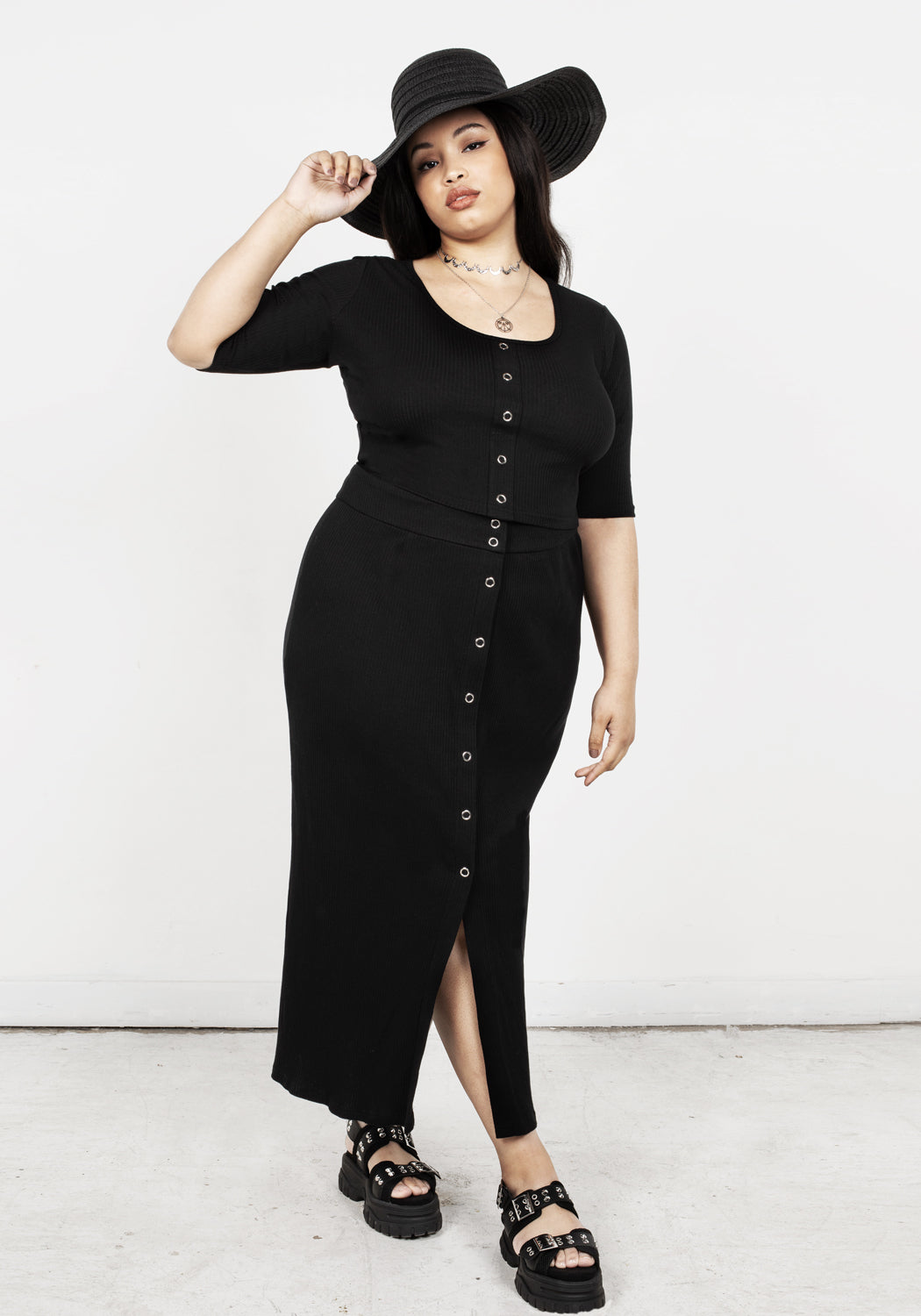 Ribbed Black Crop Top with Silver Studs | Obsidian