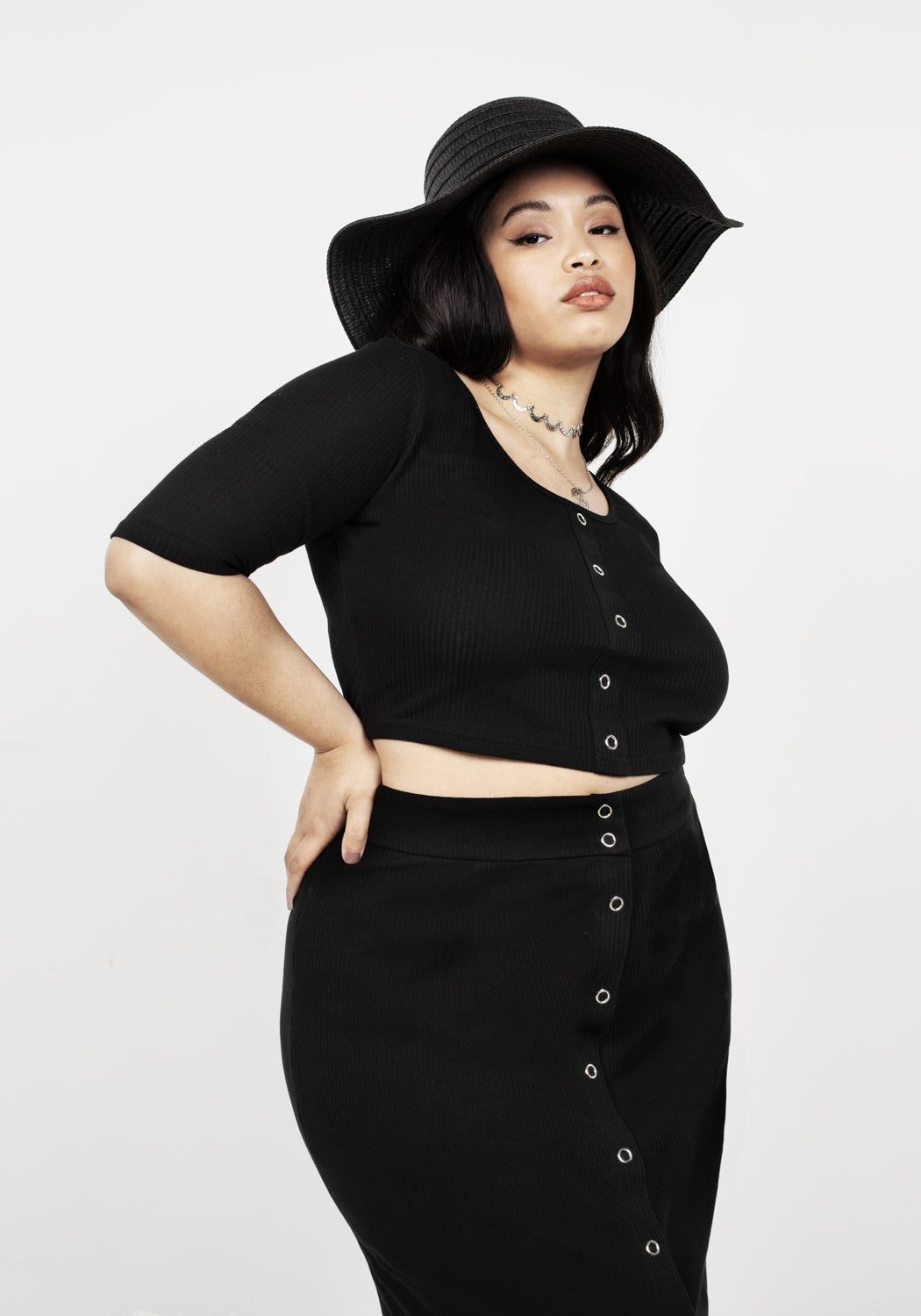 Ribbed Black Crop Top with Silver Studs | Obsidian