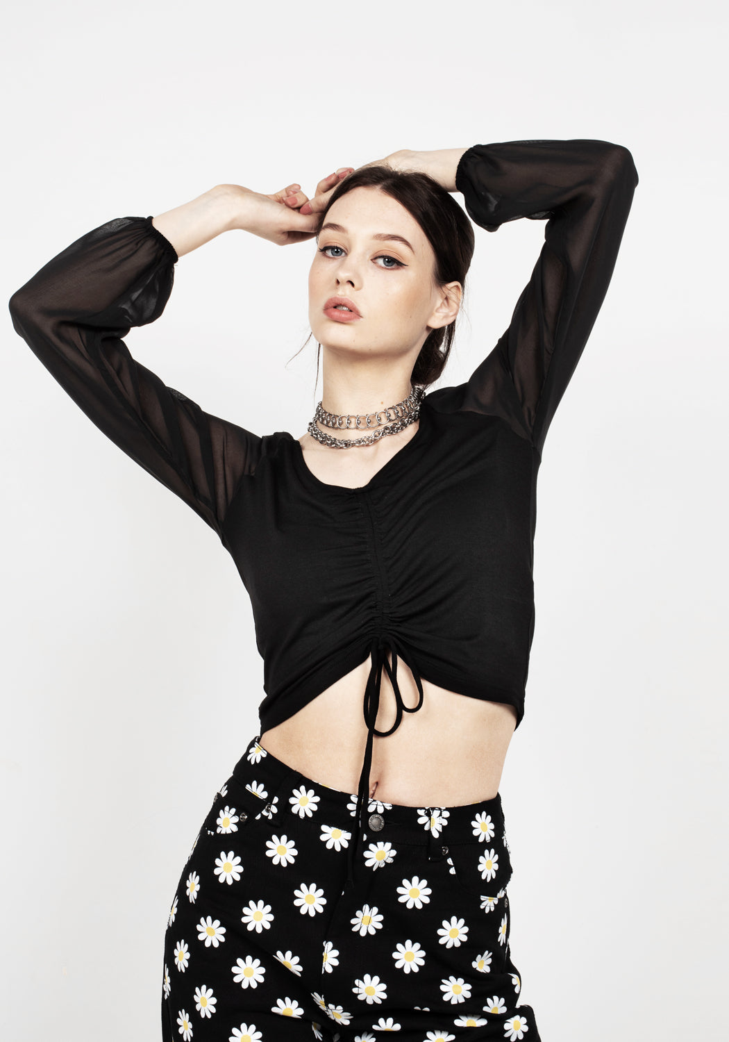 Ruched Sheer Sleeve Crop Top with Sweetheart Neckline | Maria