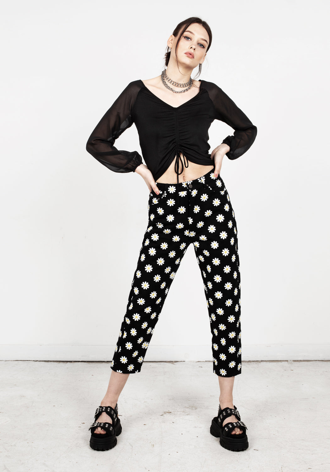 Ruched Sheer Sleeve Crop Top with Sweetheart Neckline | Maria