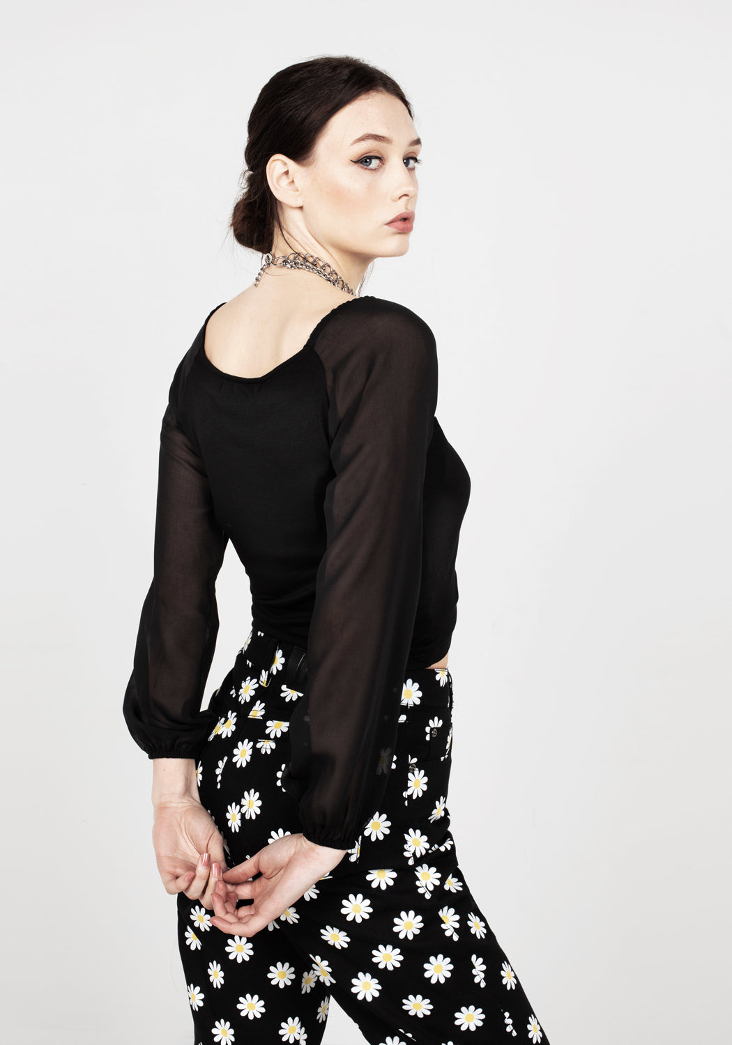 Ruched Sheer Sleeve Crop Top with Sweetheart Neckline | Maria