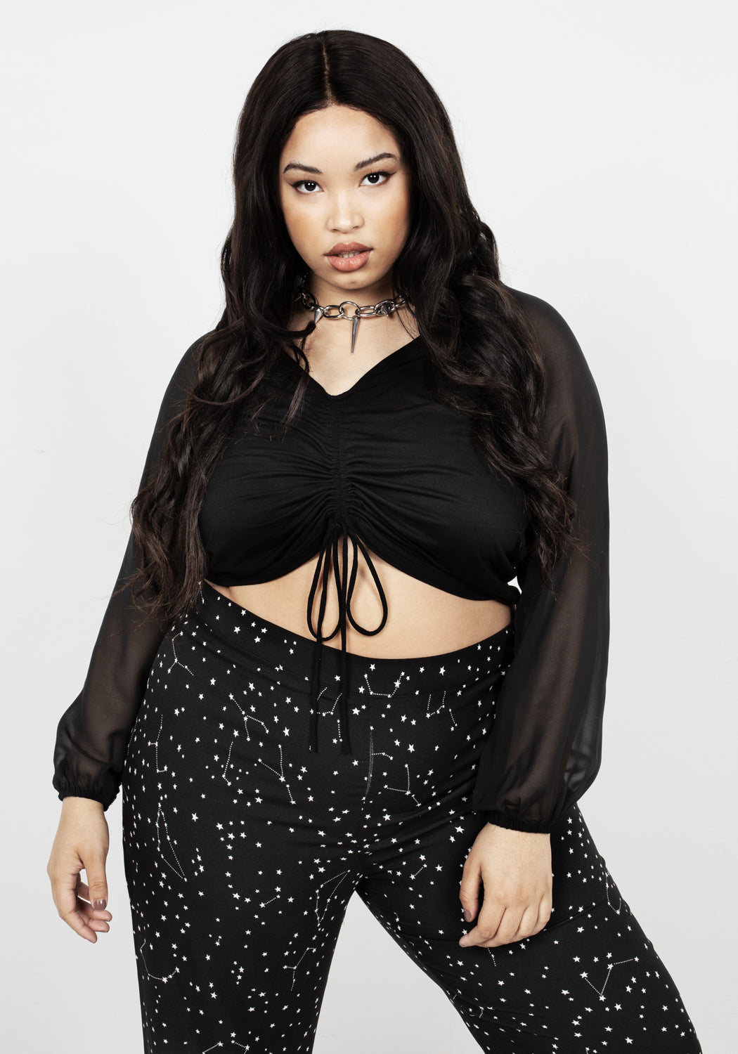 Ruched Sheer Sleeve Crop Top with Sweetheart Neckline | Maria