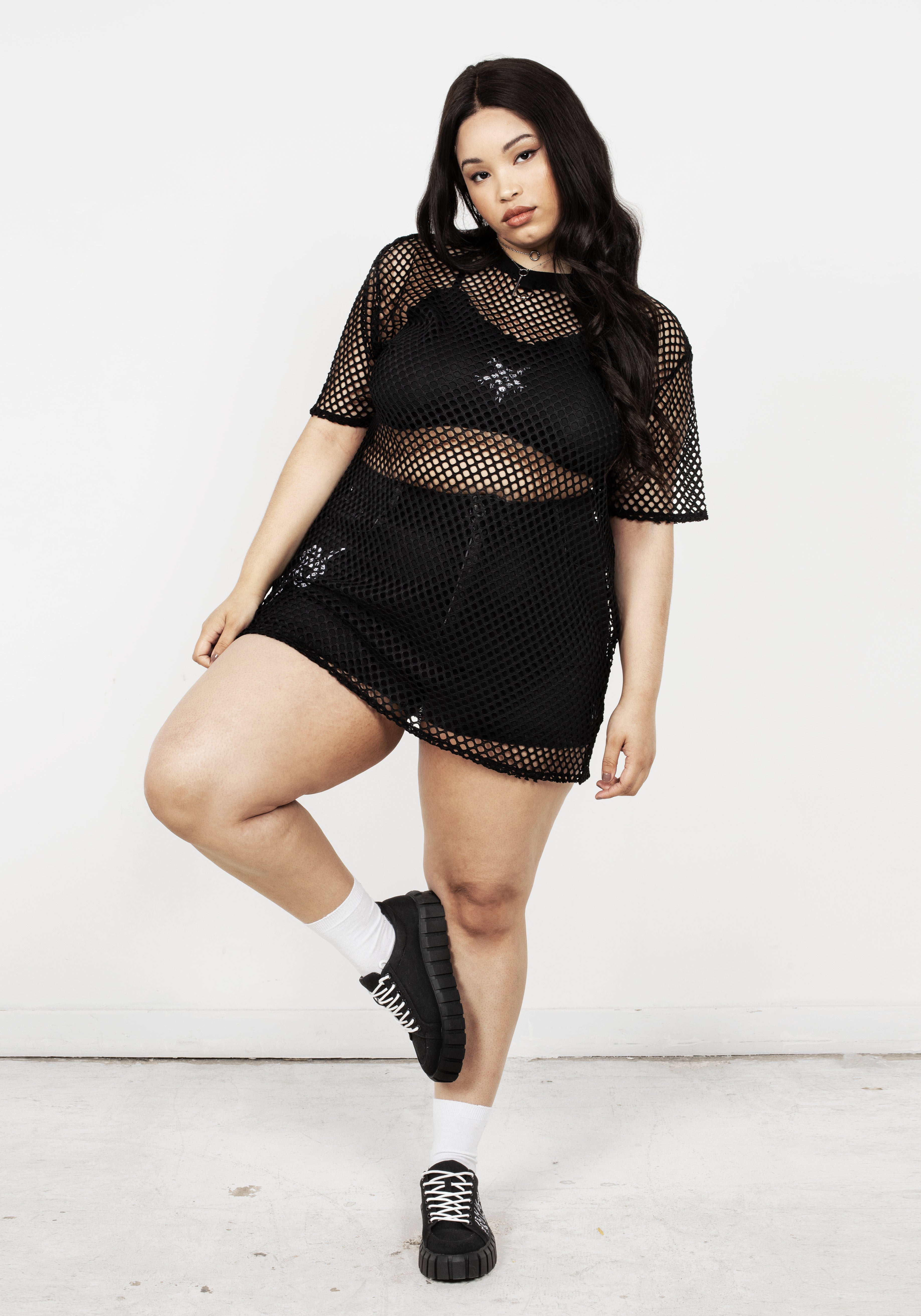 Wide Mesh Oversized T-Shirt with Drop Shoulders & Silver Hardware | Binding