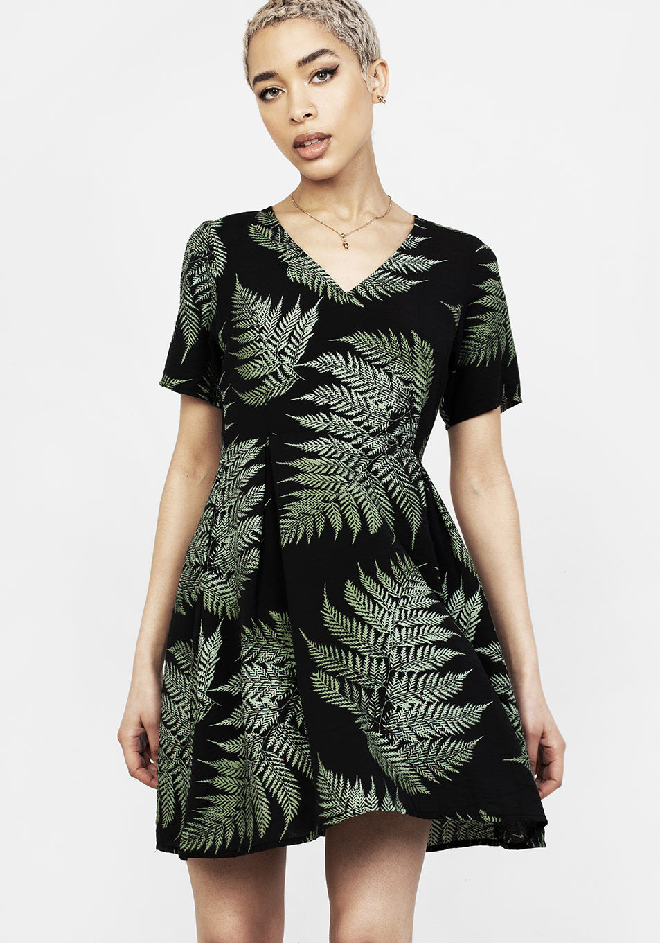 Fern Print Fit and Flare Mini Dress with V-Neck & Side Zippers | Black & Green