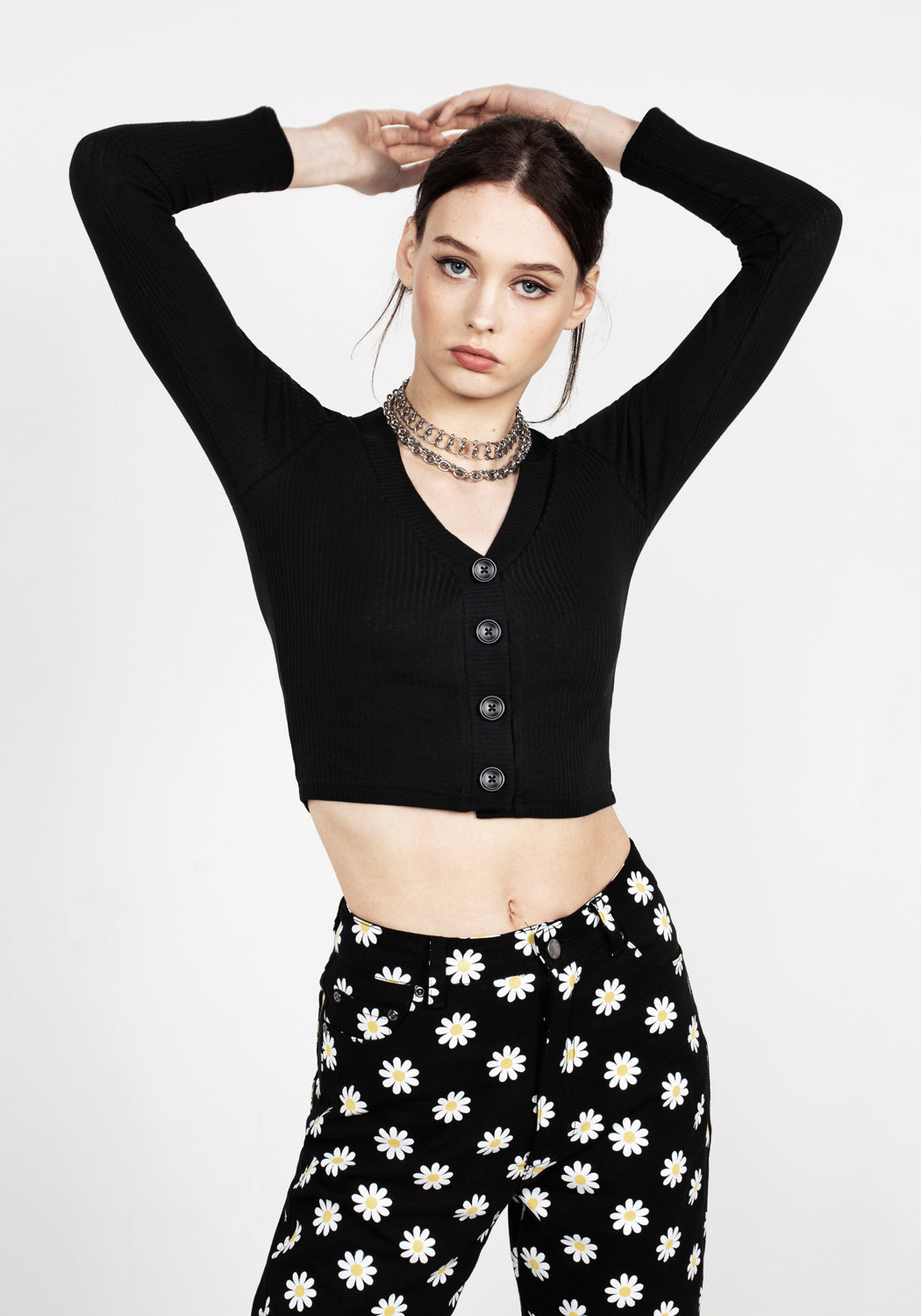 Black Cropped Cardigan with V-Neck & Marble Buttons | Shadow Jersey