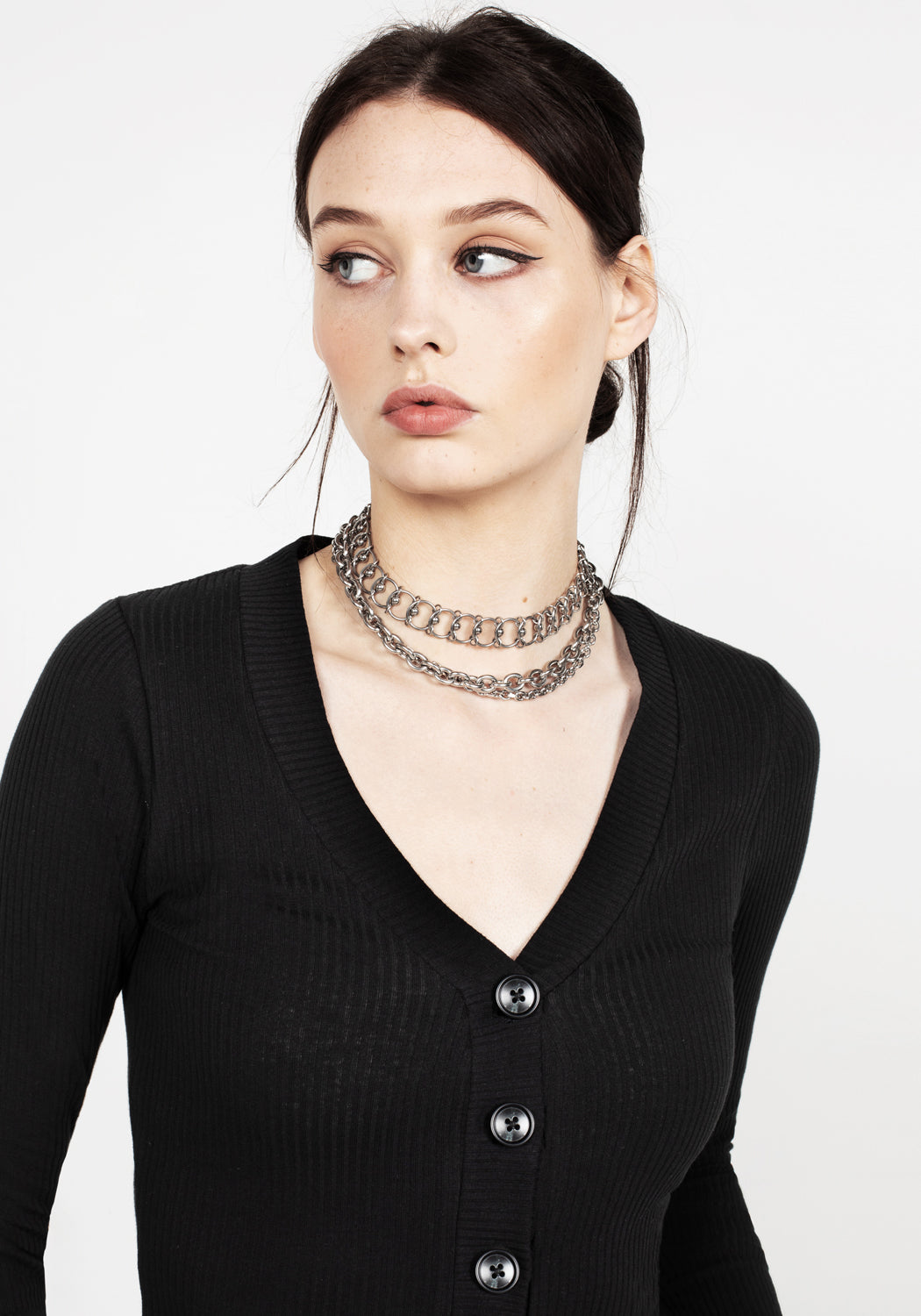 Black Cropped Cardigan with V-Neck & Marble Buttons | Shadow Jersey
