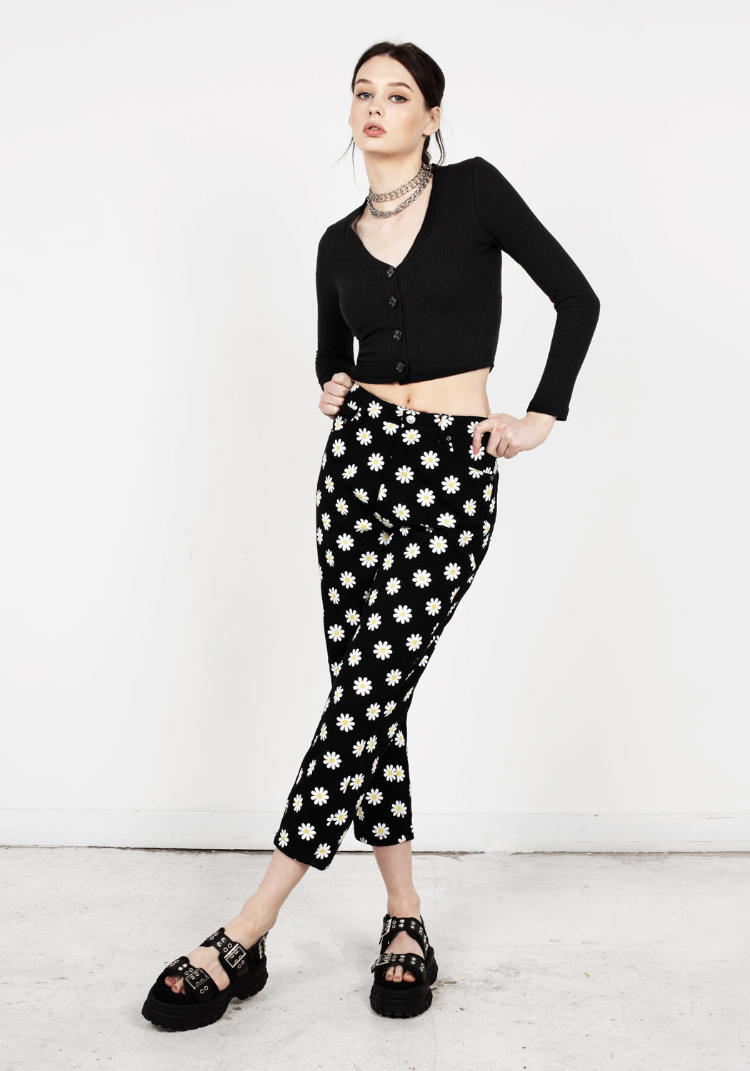 Black Cropped Cardigan with V-Neck & Marble Buttons | Shadow Jersey
