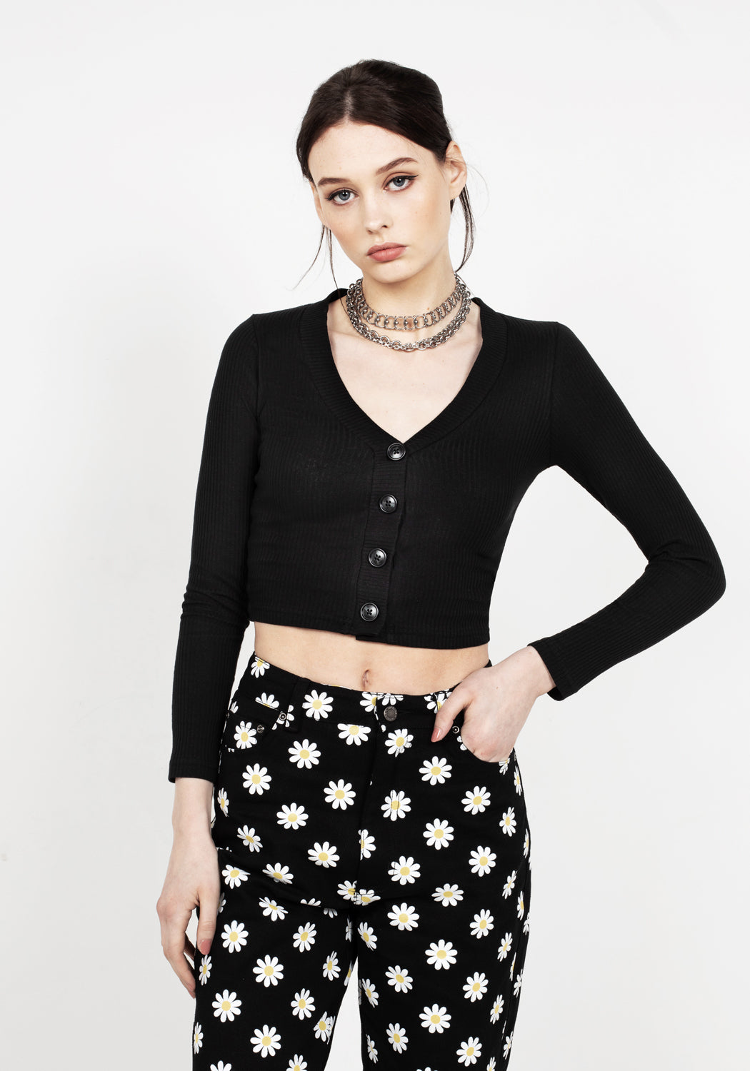 Black Cropped Cardigan with V-Neck & Marble Buttons | Shadow Jersey