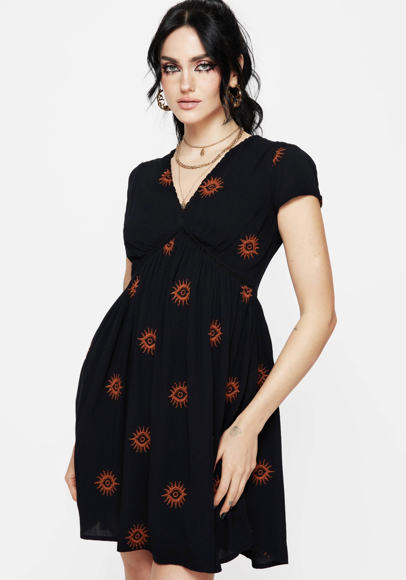 Black Embroidered Mini Dress with V-Neck & Side Pockets | Solstice