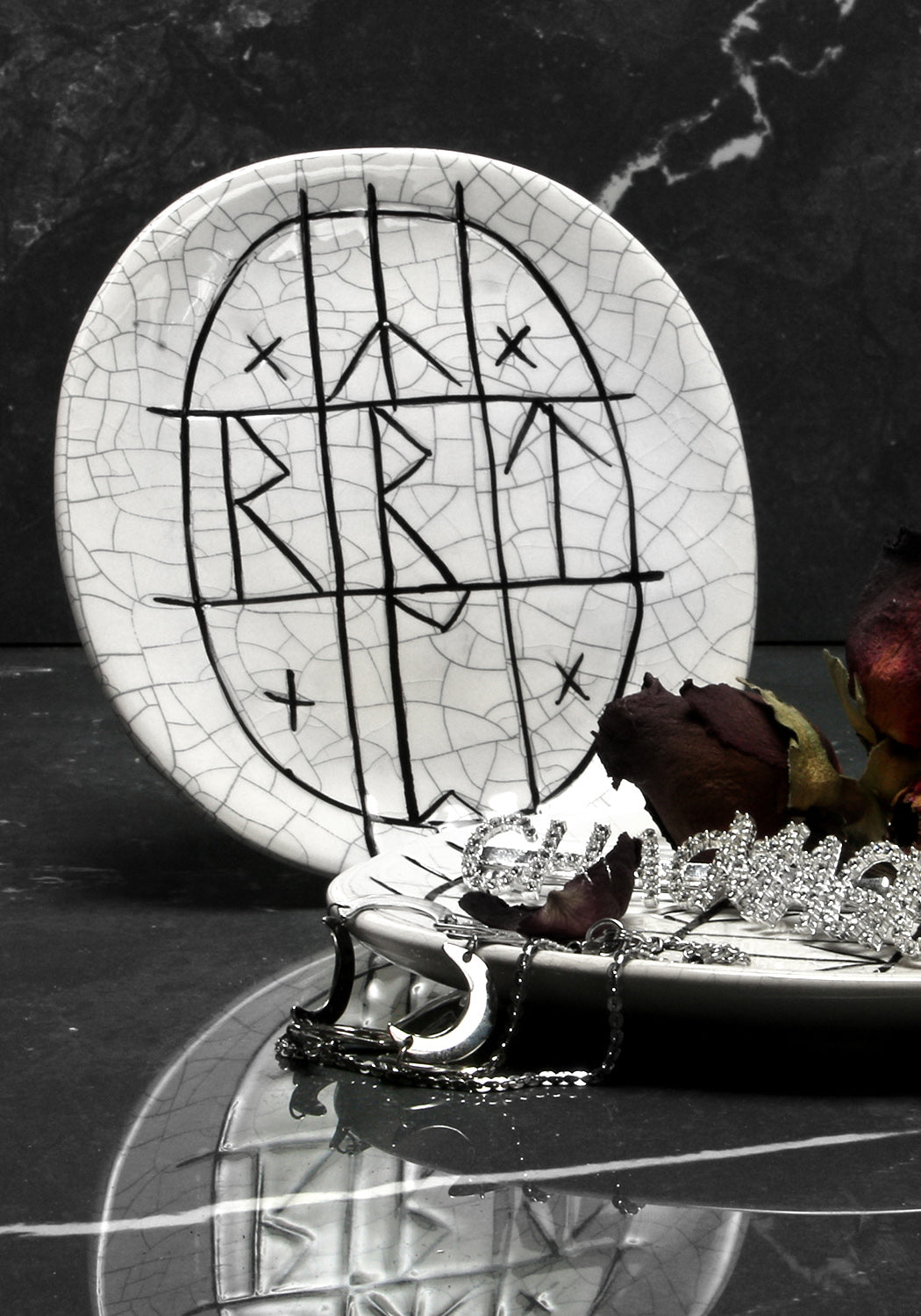 Ceramic Runes Trinket Plate with Cracked White Glaze | Handcrafted Decor