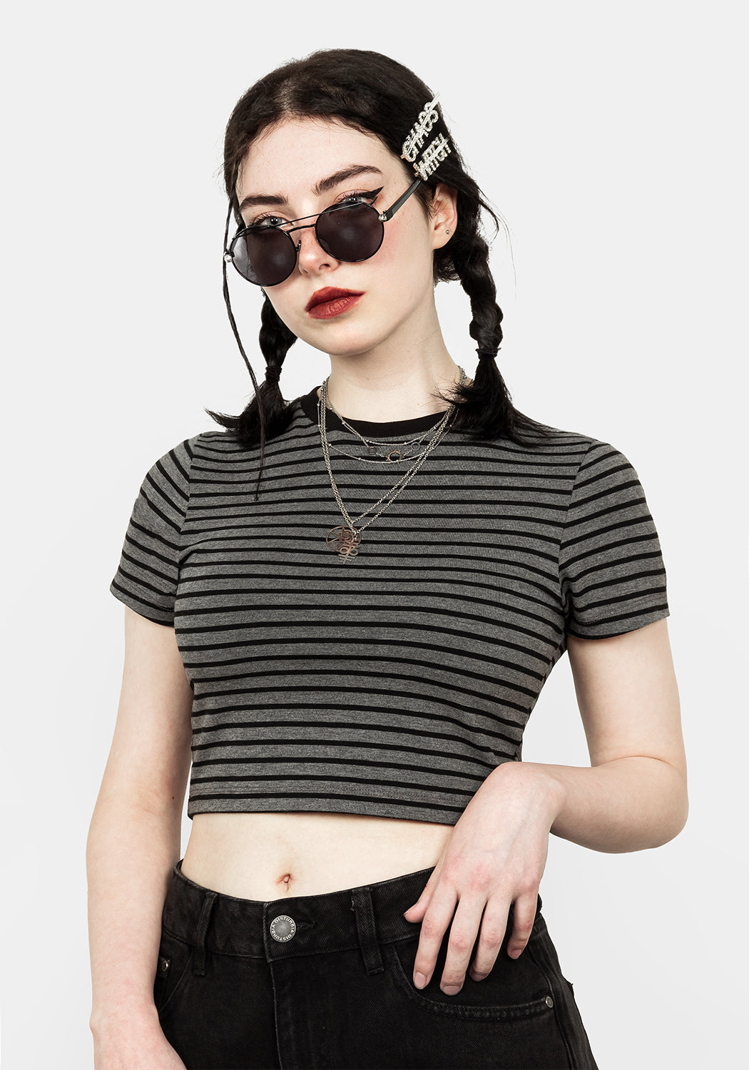 Striped Crop Tee with Ribbed Neck | Stefani