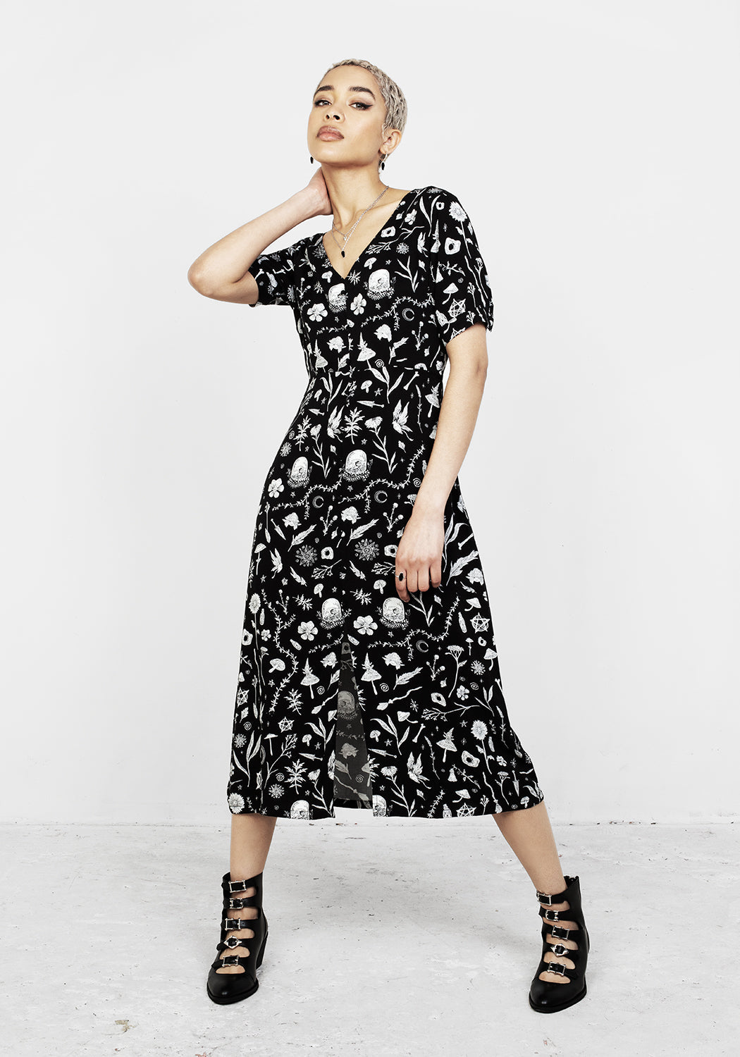 Black V-Neck Midi Dress with Floral Print & Front Slit | Hedgewitch