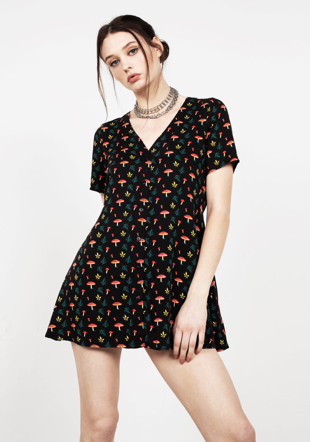 V-Neck Button-Up Mini Dress with Toadstool Print | Lightweight & Twee