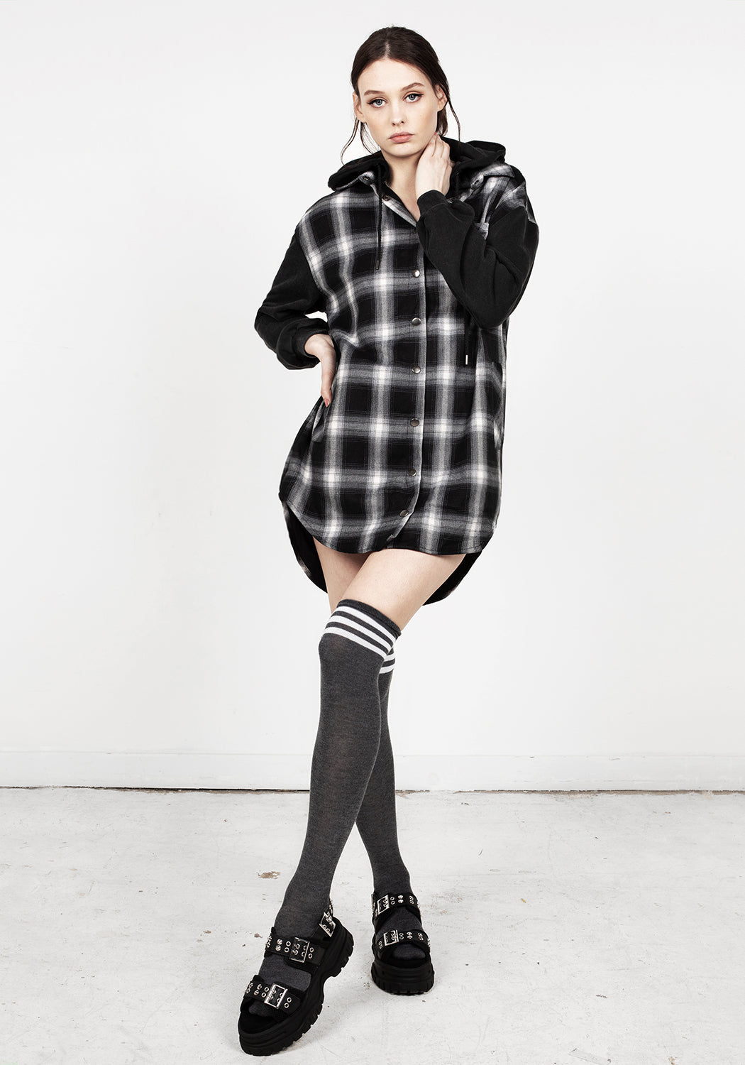Oversized Check Shirt Jacket with Hood | YIELD Grunge Staple