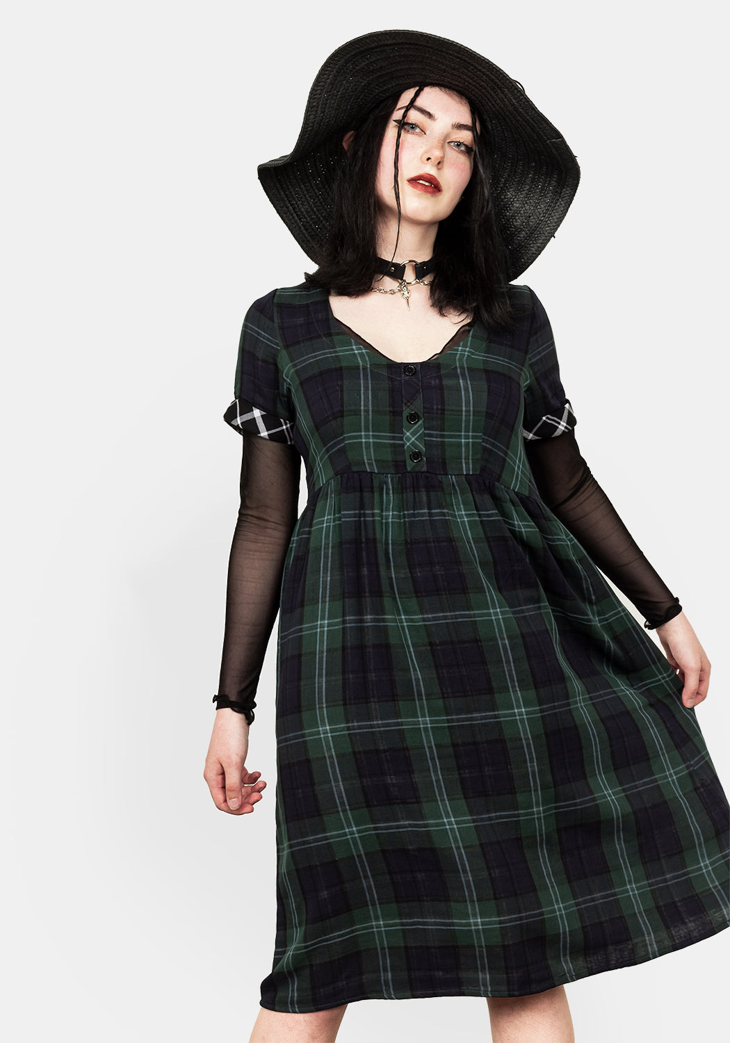 Double-Sided Check Midi Dress with V-Neck & Flared Fit | Sacred Heart