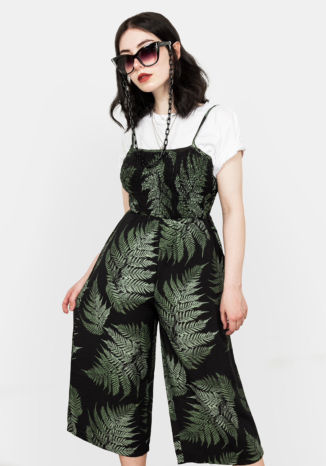 Elasticated Cami Jumpsuit with Leaf Print & Pockets | FERN