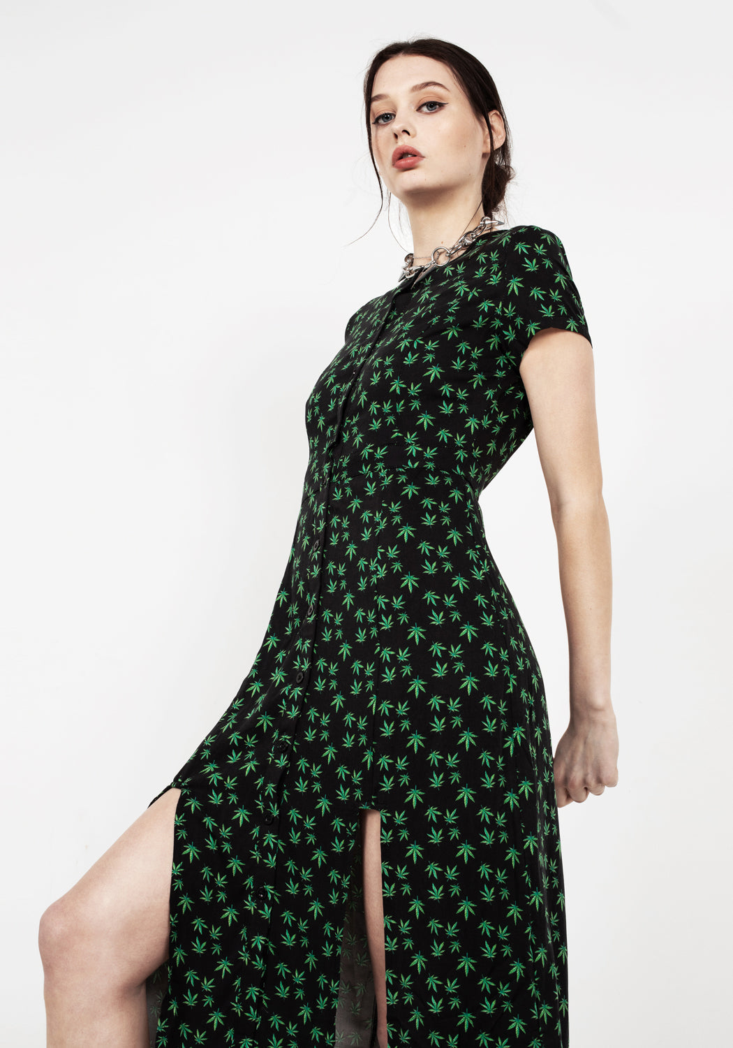 Mary Jane Print Button-Up Midi Dress with Skirt Vents | Green Goddess