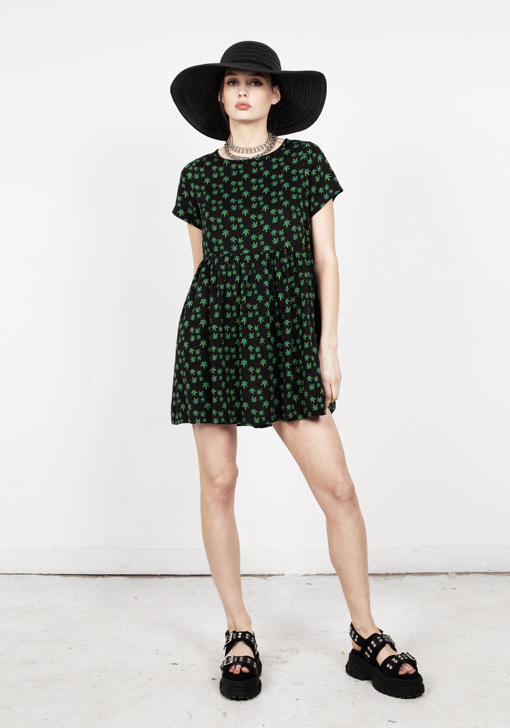Mary Jane Smock Mini Dress with Gathered Waistband | Emerald Weed Print