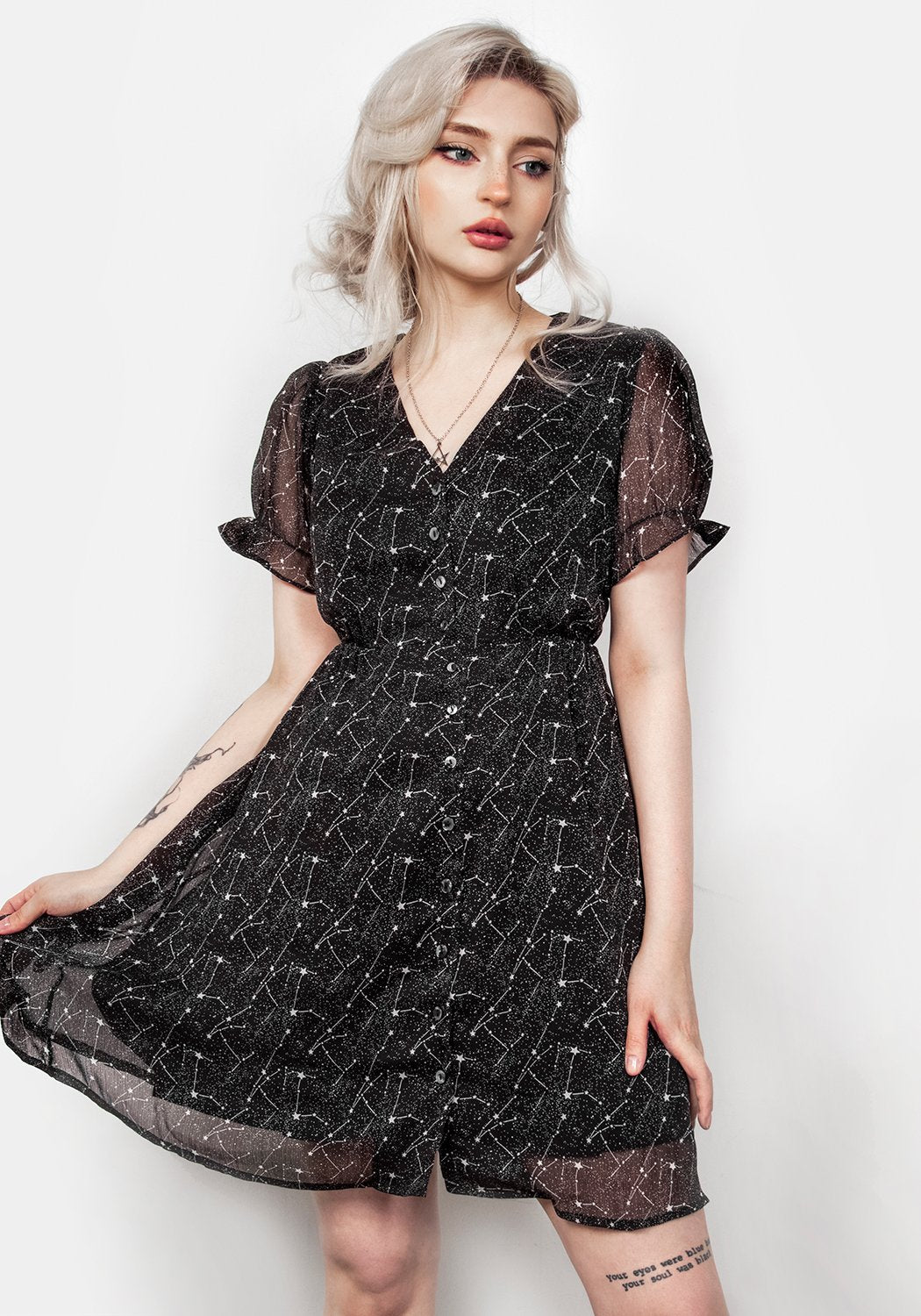 Black Sheer Mini Dress with Star Print & V-Neck | Spectral Button Up