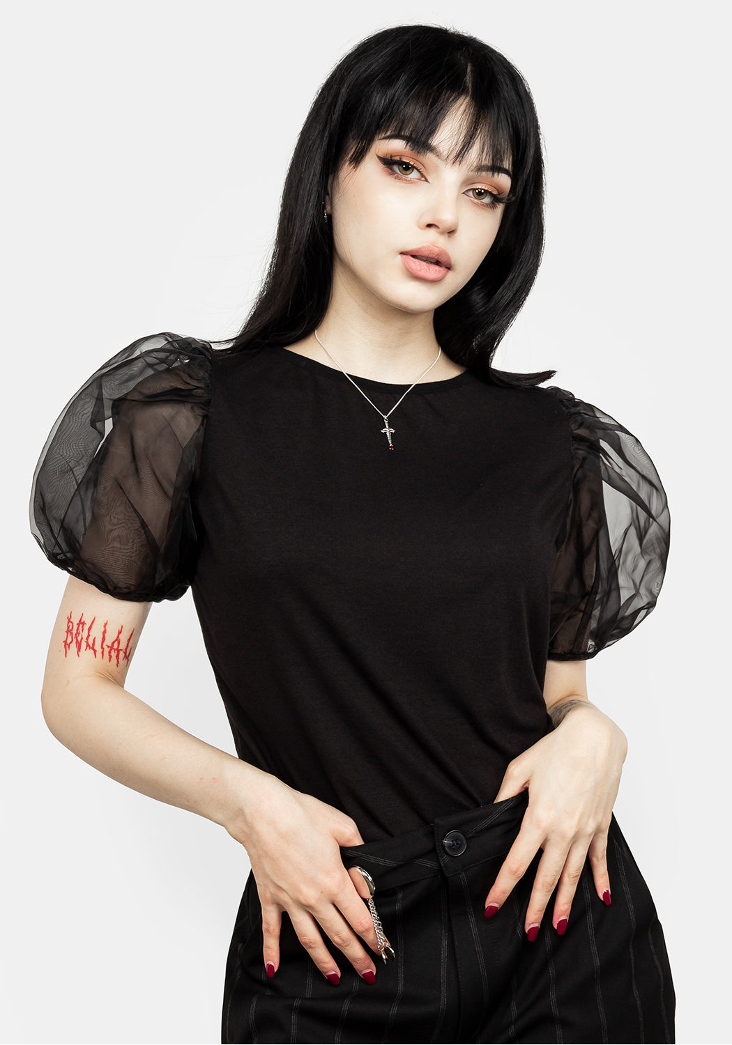 Black Puff Sleeve Prom Top with Sheer Organza | Melodrama