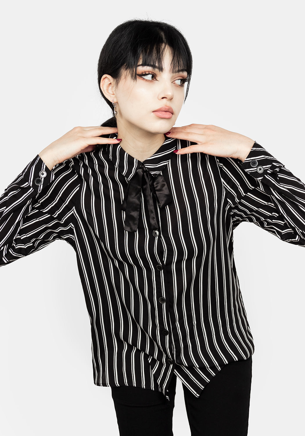 Black & White Stripe Collar Shirt with Removable Tie | Patti