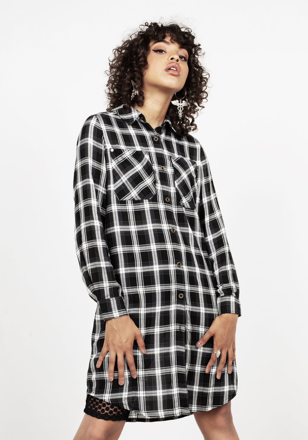 Black & White Check Shirt Dress with Long Sleeves | Greta