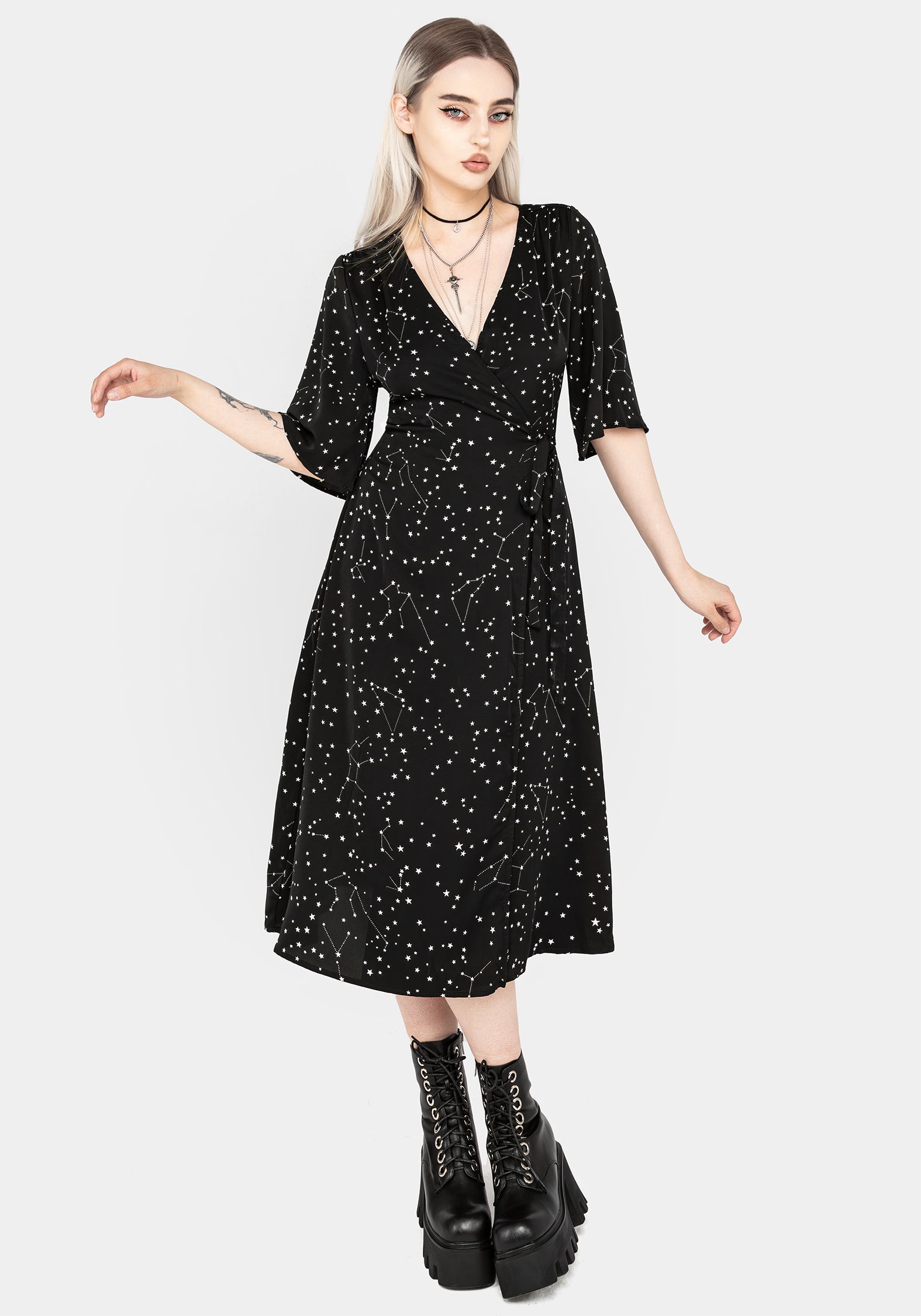 Celestial Print Wrap Midi Dress with Side Tie | Kimono Style