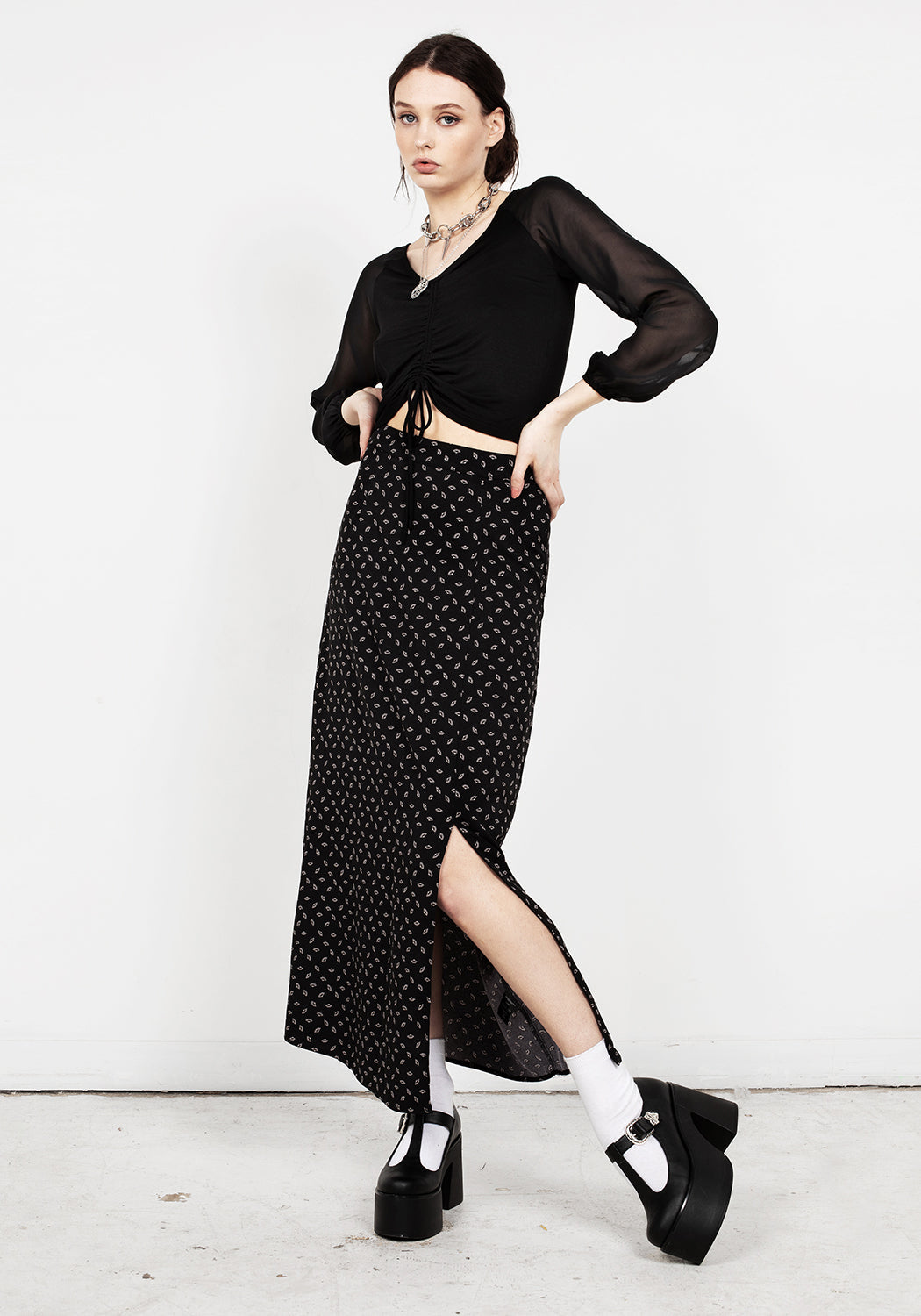 Black Fan Print Midaxi Skirt with Leg Slit | Sensu