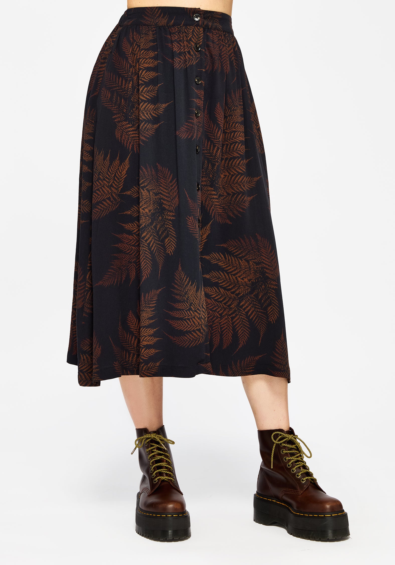 Brown Fern Print Midaxi Skirt with Pockets | 100% Ecovero Viscose