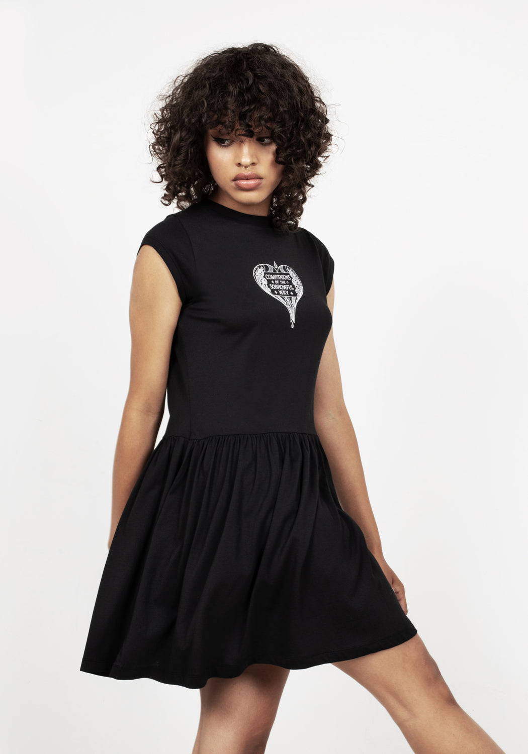 Black Gothic Skater Dress with White Heart Print | Sorrow