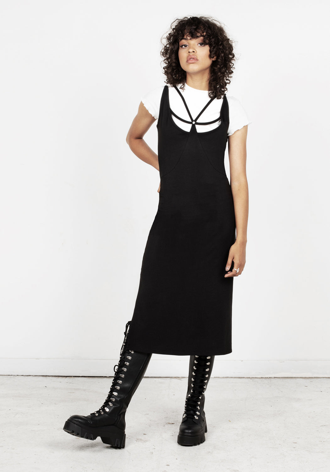 Strappy Black Midi Dress with Adjustable Straps & Side Splits | Catalyst