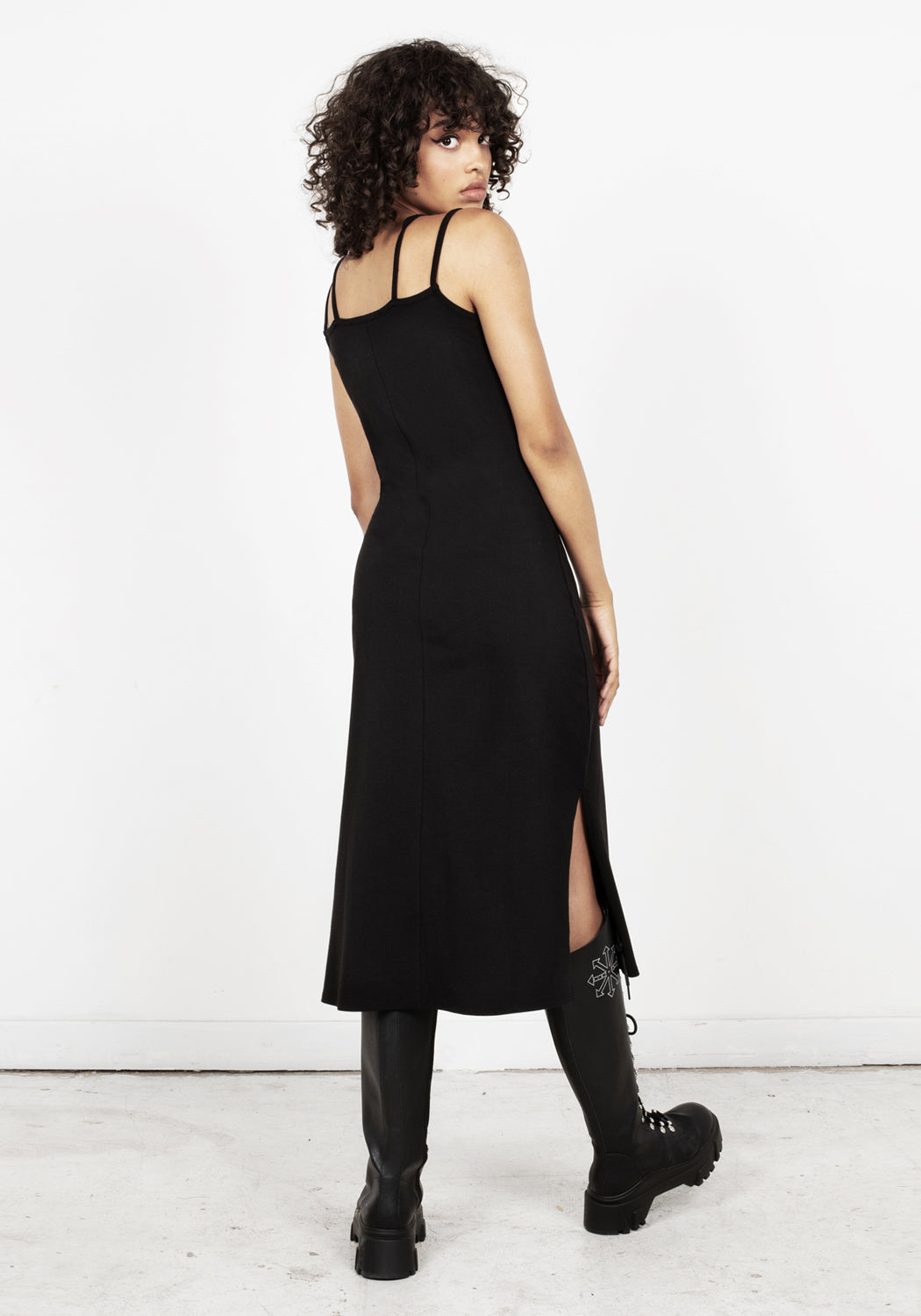 Strappy Black Midi Dress with Adjustable Straps & Side Splits | Catalyst