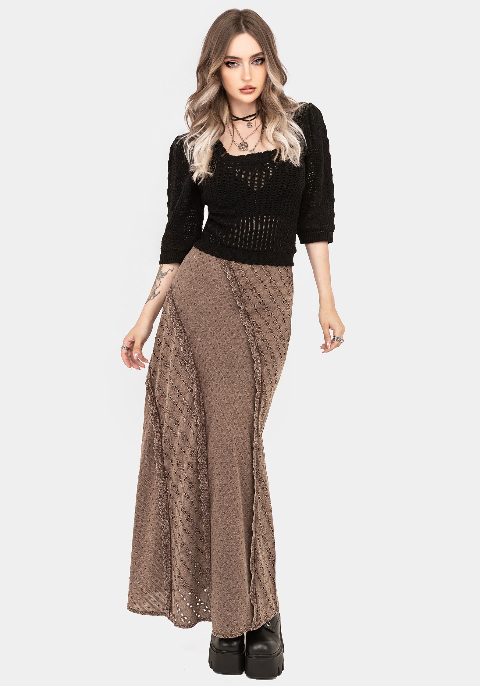 Brown Cotton Broderie Midaxi Skirt with Cut-Out Details | Summerisle