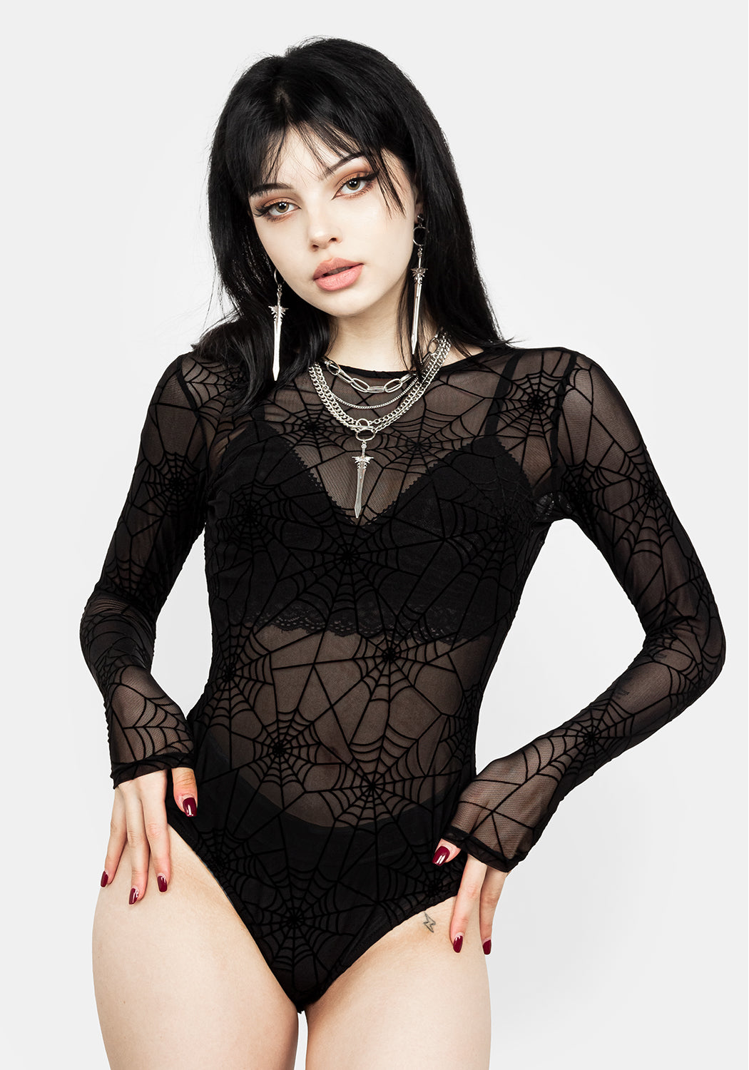 Spiderweb Mesh Bodysuit with Long Sleeves & Sheer Design | Venom
