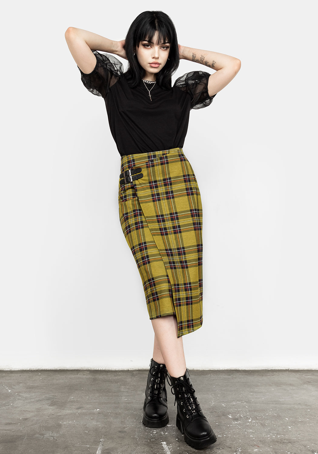 Yellow Tartan Wrap Skirt with Adjustable Buckles | Albertine Midi Kilt
