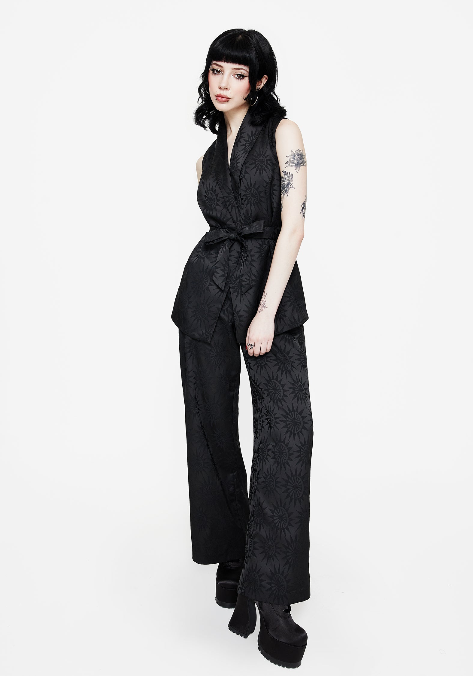 Celestial Printed Waistcoat with Star Jacquard & Waist-Tie | Semine
